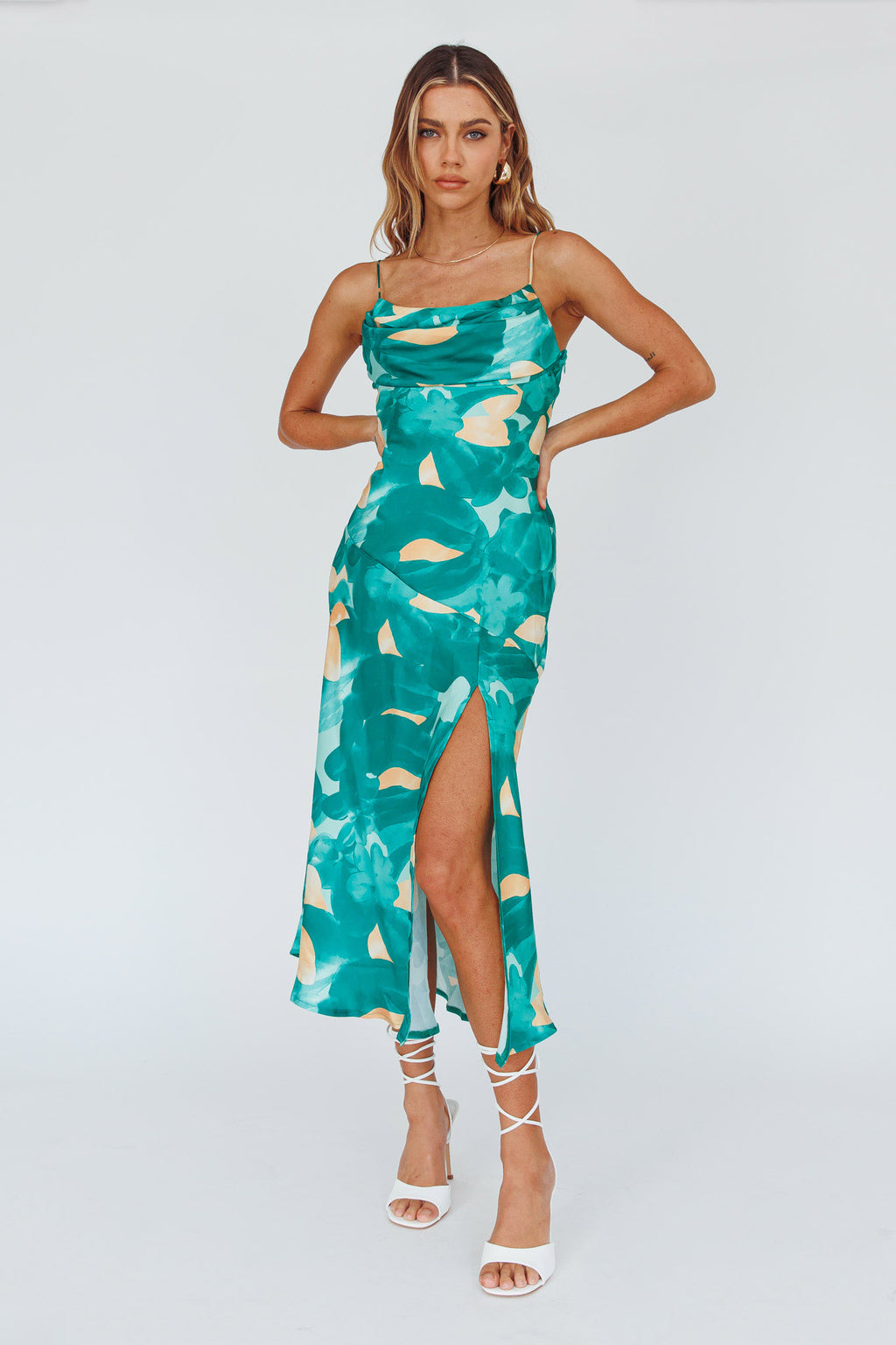Well Versed Pleated Bust Front Split Dress Flora Green by Selfie Leslie Australia