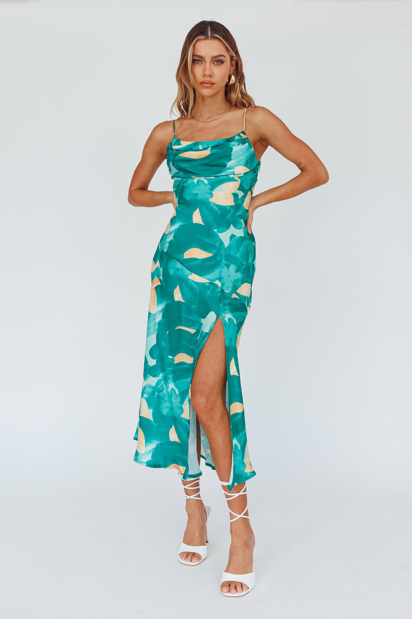 Well Versed Pleated Bust Front Split Dress Flora Green by Selfie Leslie Australia