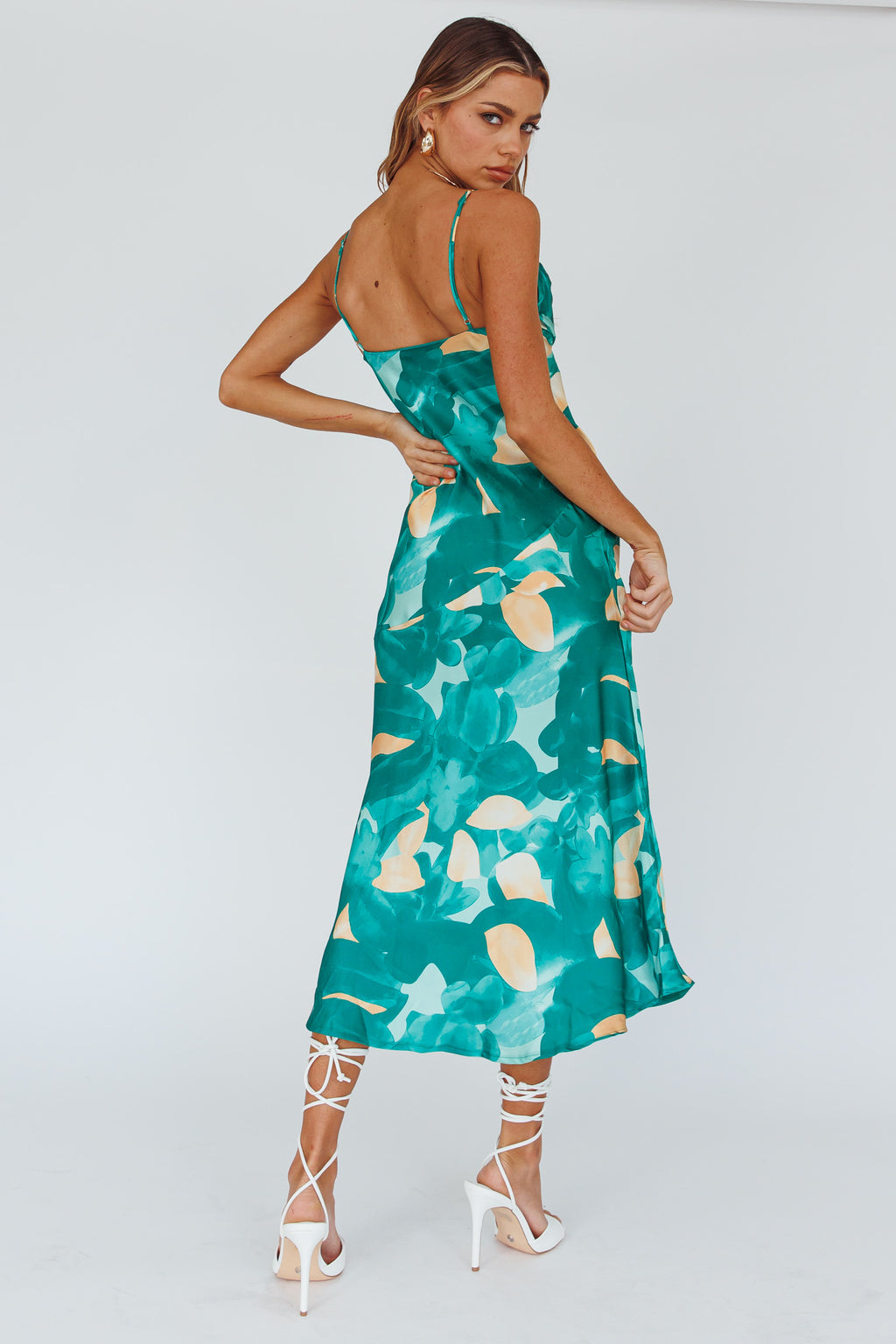 Well Versed Pleated Bust Front Split Dress Flora Green by Selfie Leslie Australia
