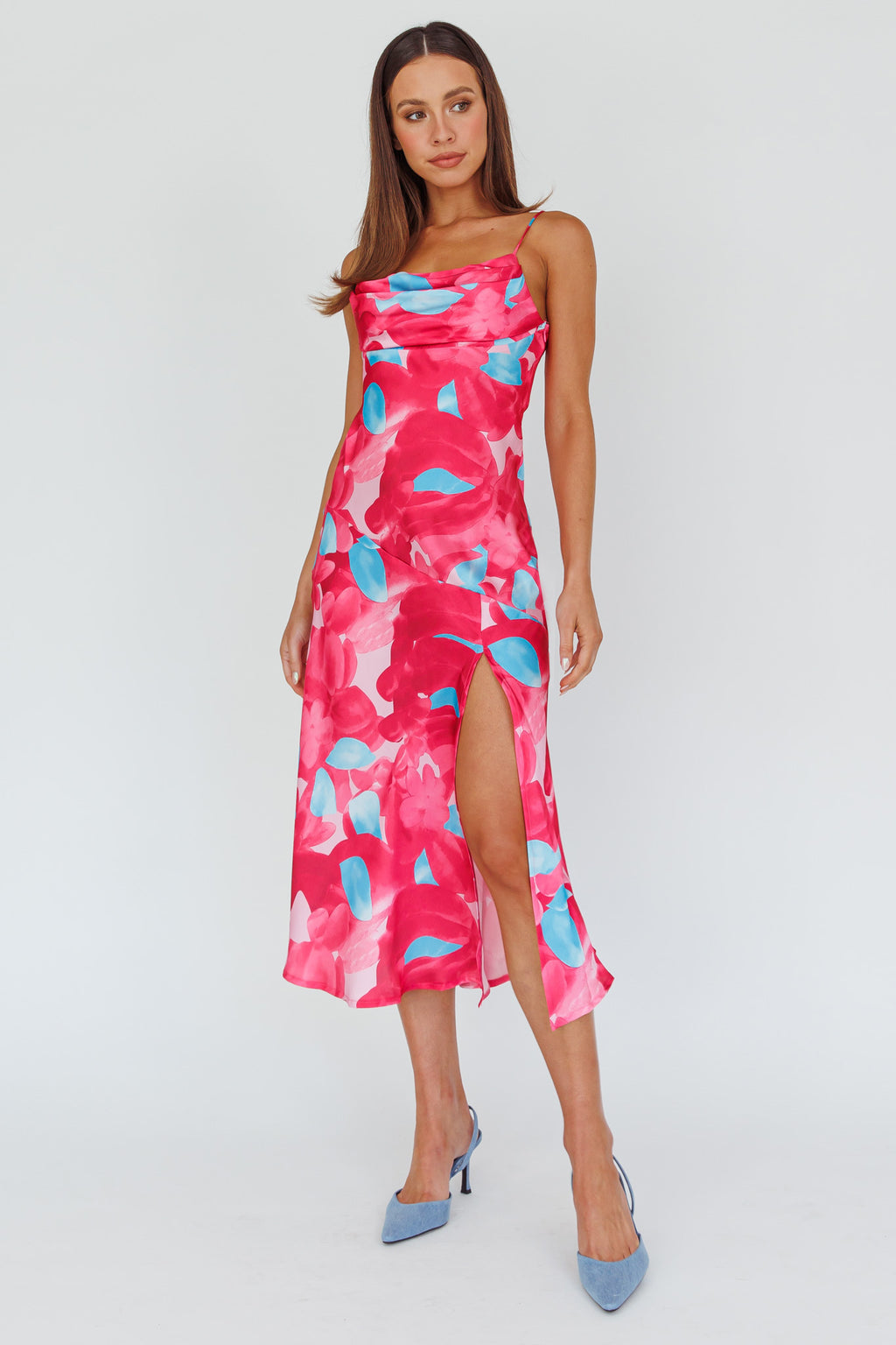 Well Versed Pleated Bust Front Split Dress Flora Pink by Selfie Leslie Australia