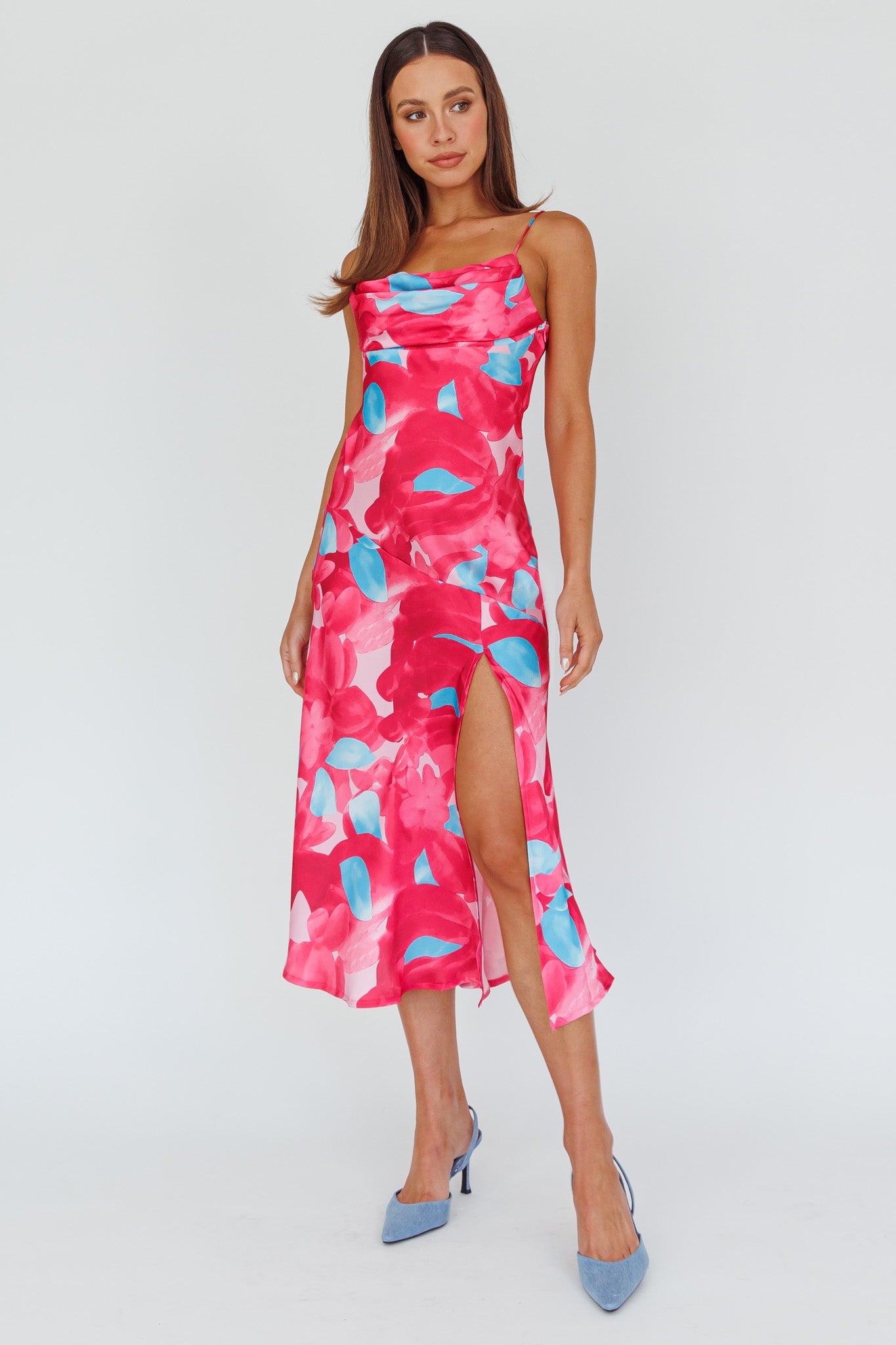 Well Versed Pleated Bust Front Split Dress Flora Pink by Selfie Leslie Australia