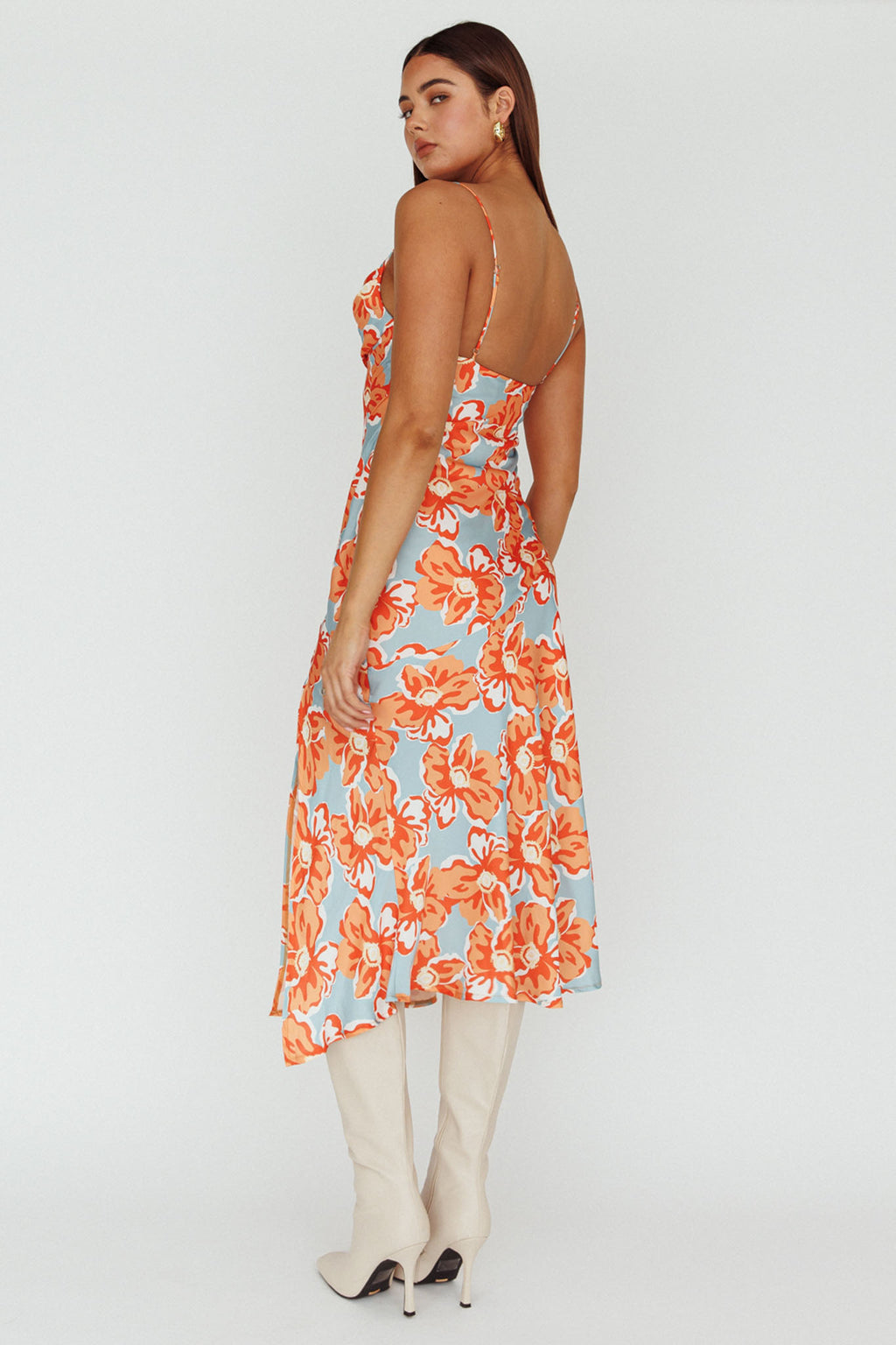 Well Versed Pleated Bust Front Split Dress Flowers Orange by Selfie Leslie Australia