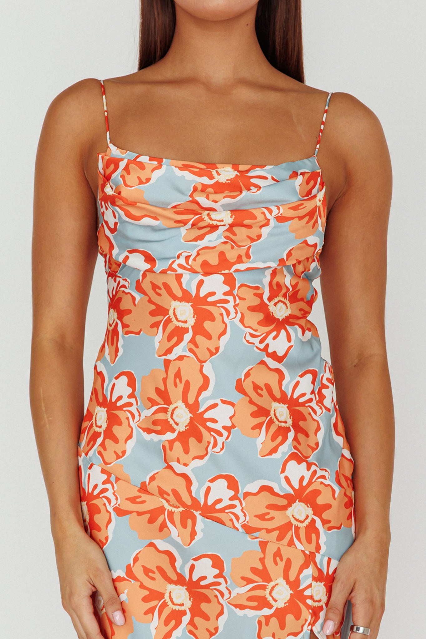 Well Versed Pleated Bust Front Split Dress Flowers Orange by Selfie Leslie Australia