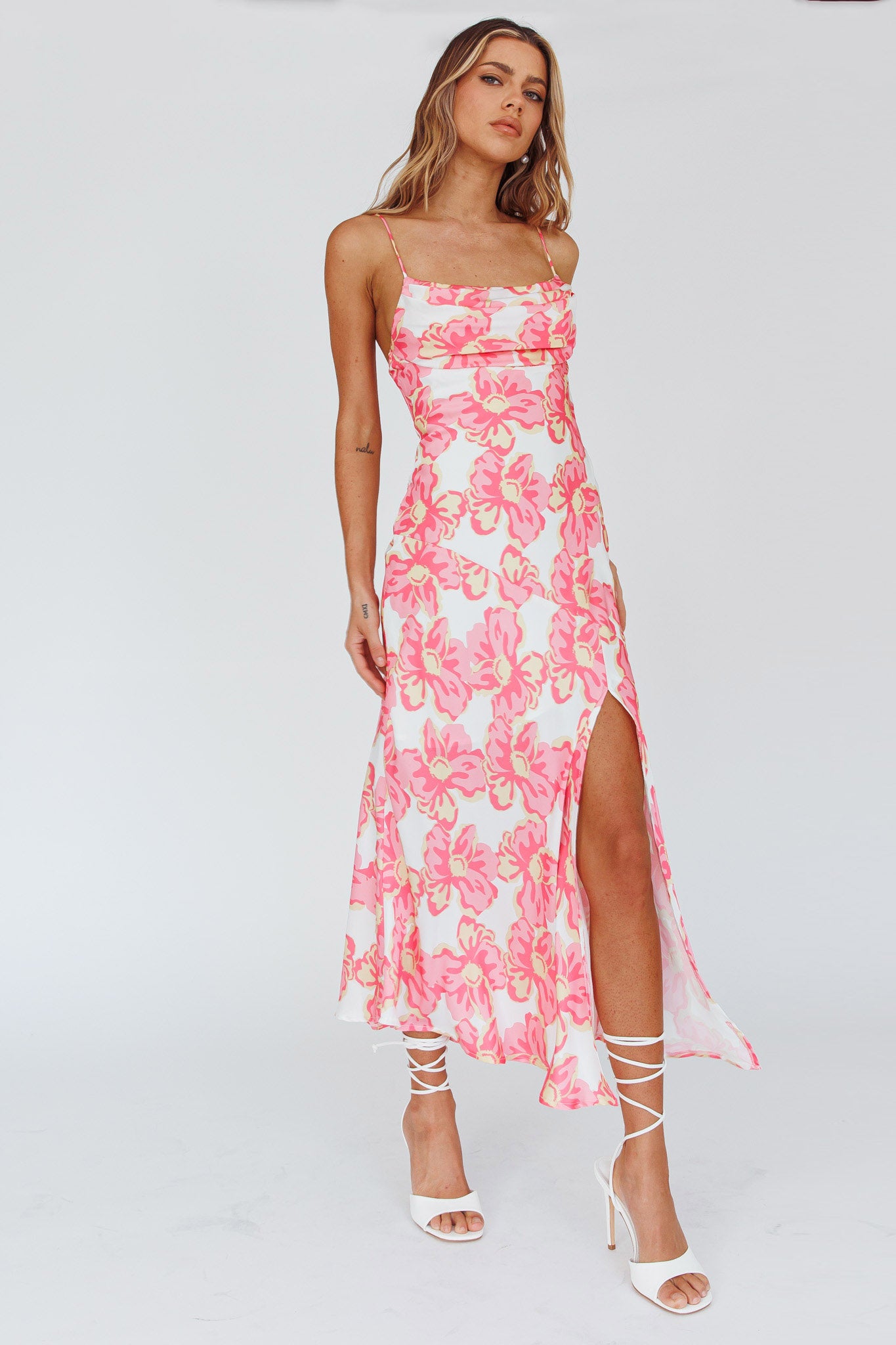 Well Versed Pleated Bust Front Split Dress Flowers Pink by Selfie Leslie Australia