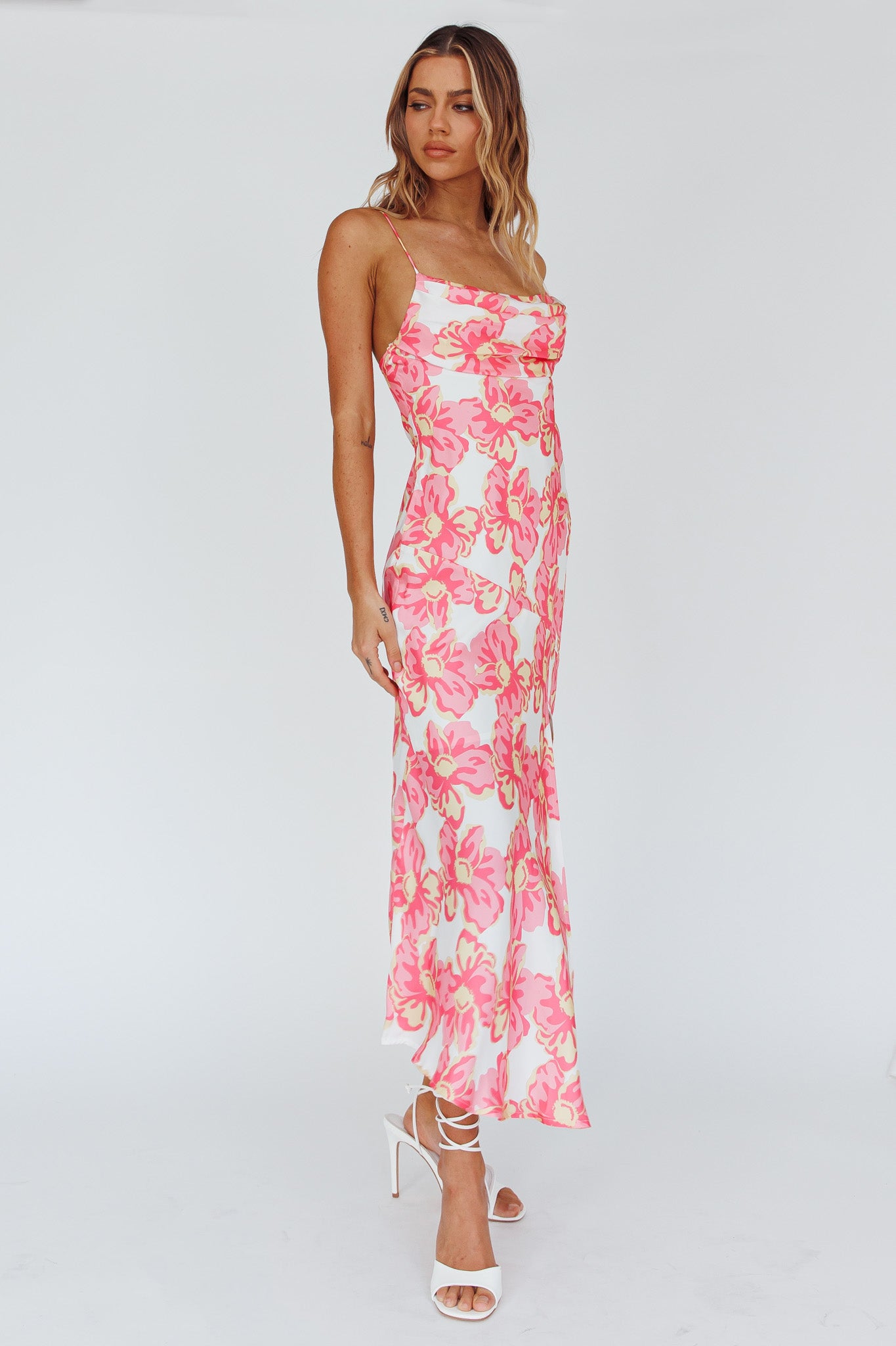 Well Versed Pleated Bust Front Split Dress Flowers Pink by Selfie Leslie Australia