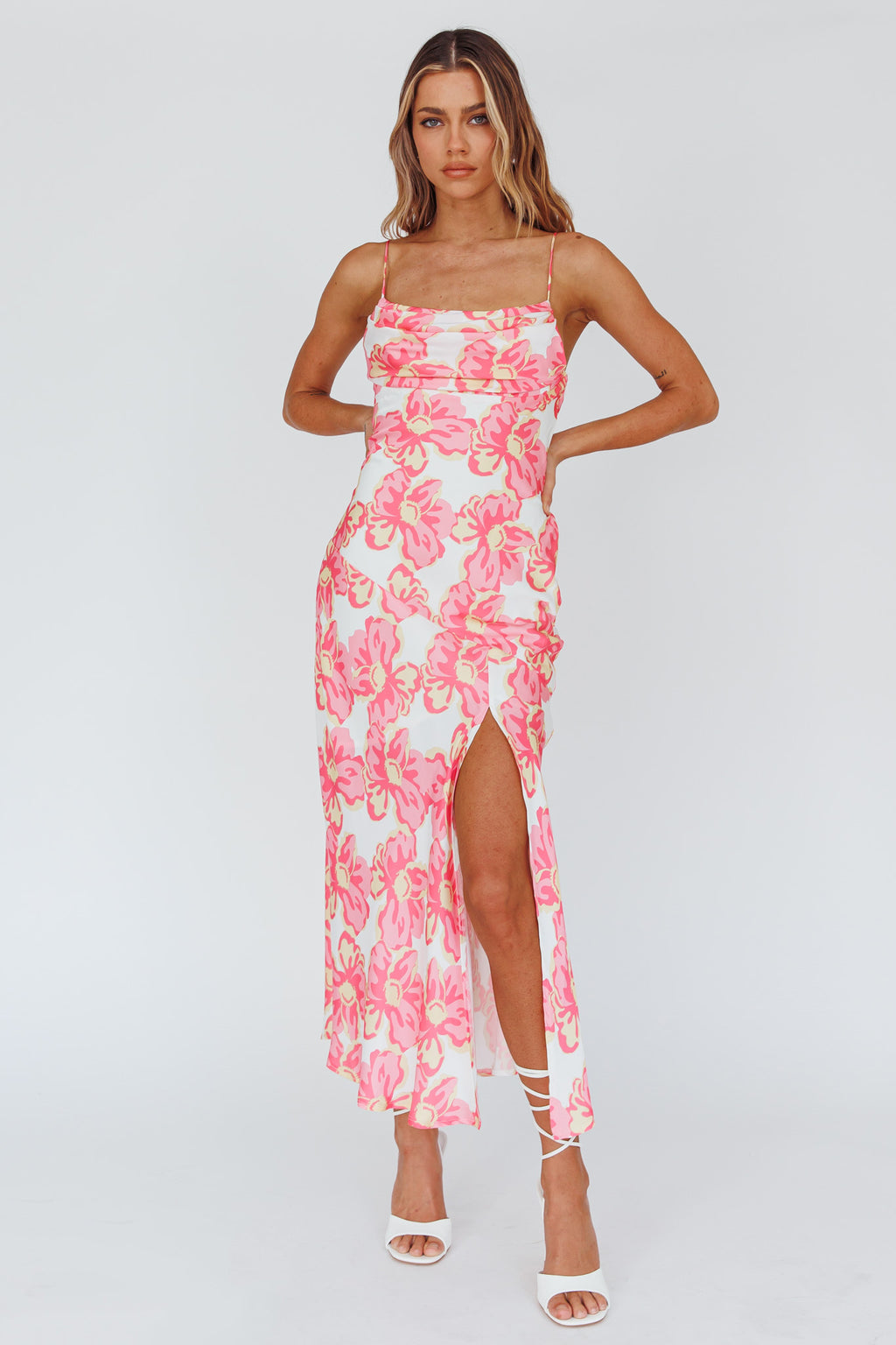 Well Versed Pleated Bust Front Split Dress Flowers Pink by Selfie Leslie Australia