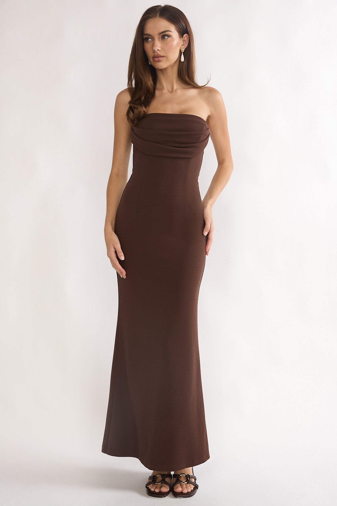Well Versed Strapless Pleat Bust Maxi Dress Chocolate by Selfie Leslie Australia