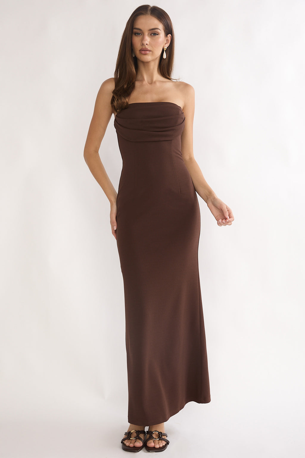Well Versed Strapless Pleat Bust Maxi Dress Chocolate by Selfie Leslie Australia
