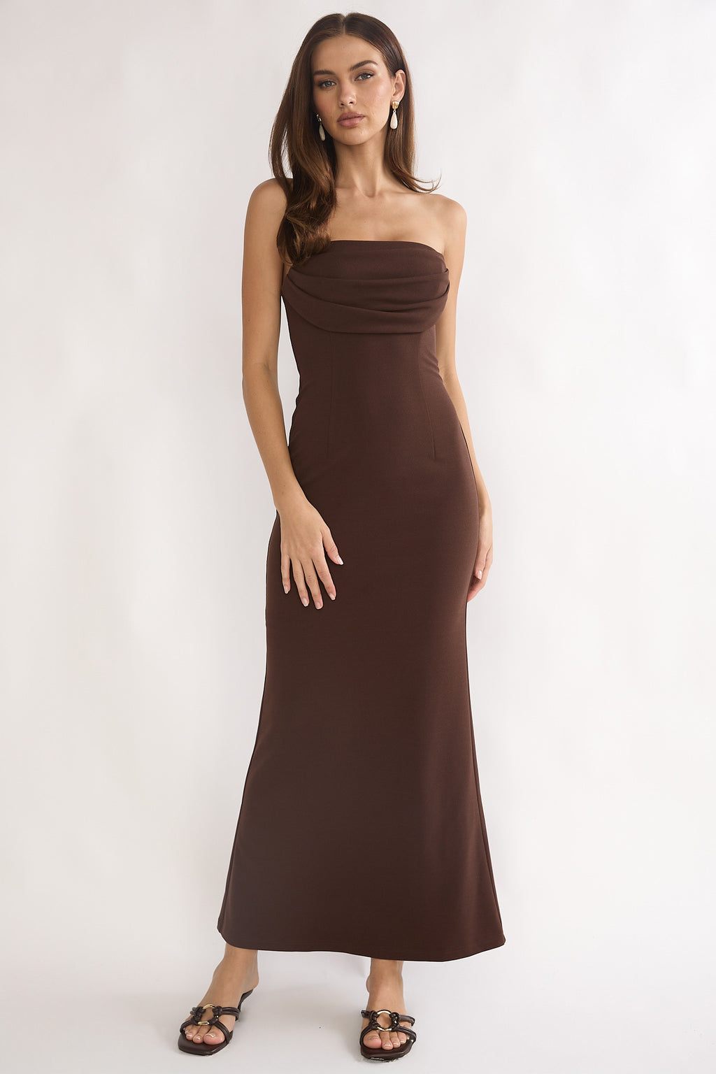 Well Versed Strapless Pleat Bust Maxi Dress Chocolate by Selfie Leslie Australia