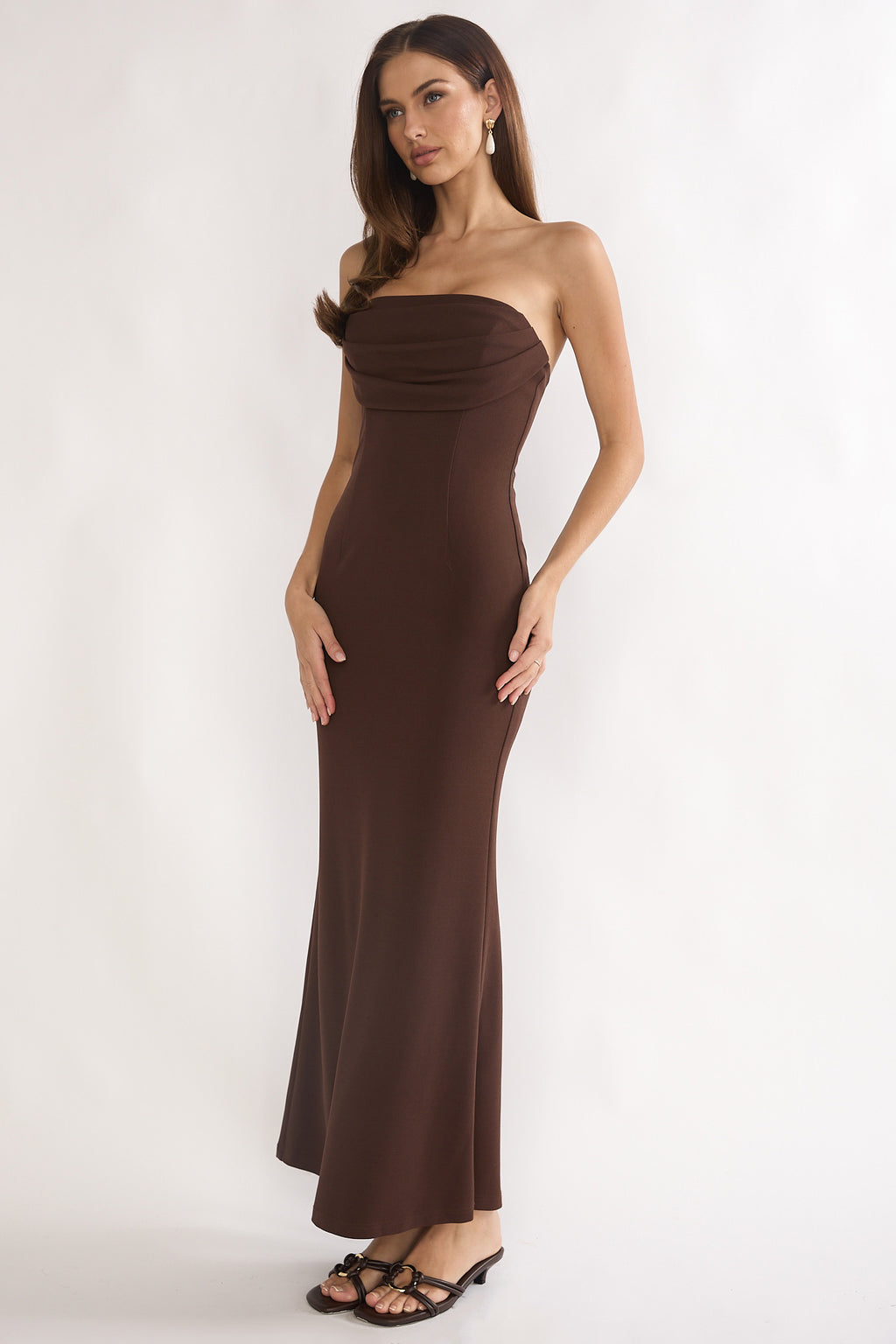 Well Versed Strapless Pleat Bust Maxi Dress Chocolate by Selfie Leslie Australia