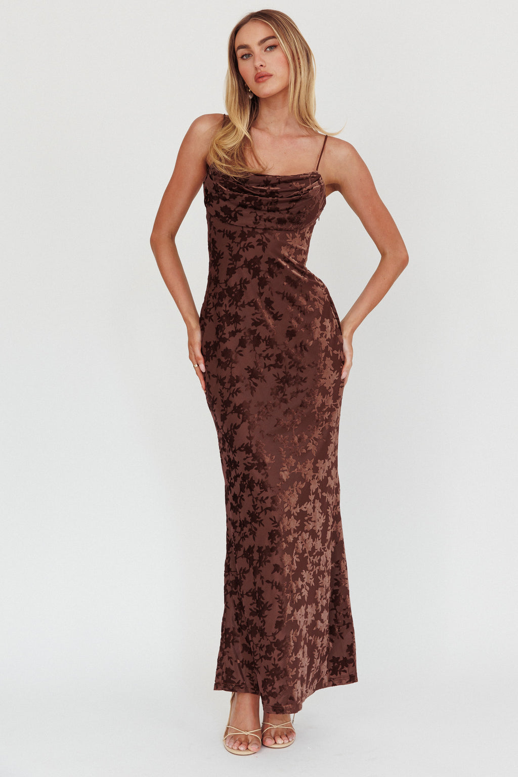 Well Versed Burnout Velvet Maxi Dress Chocolate by Selfie Leslie Australia