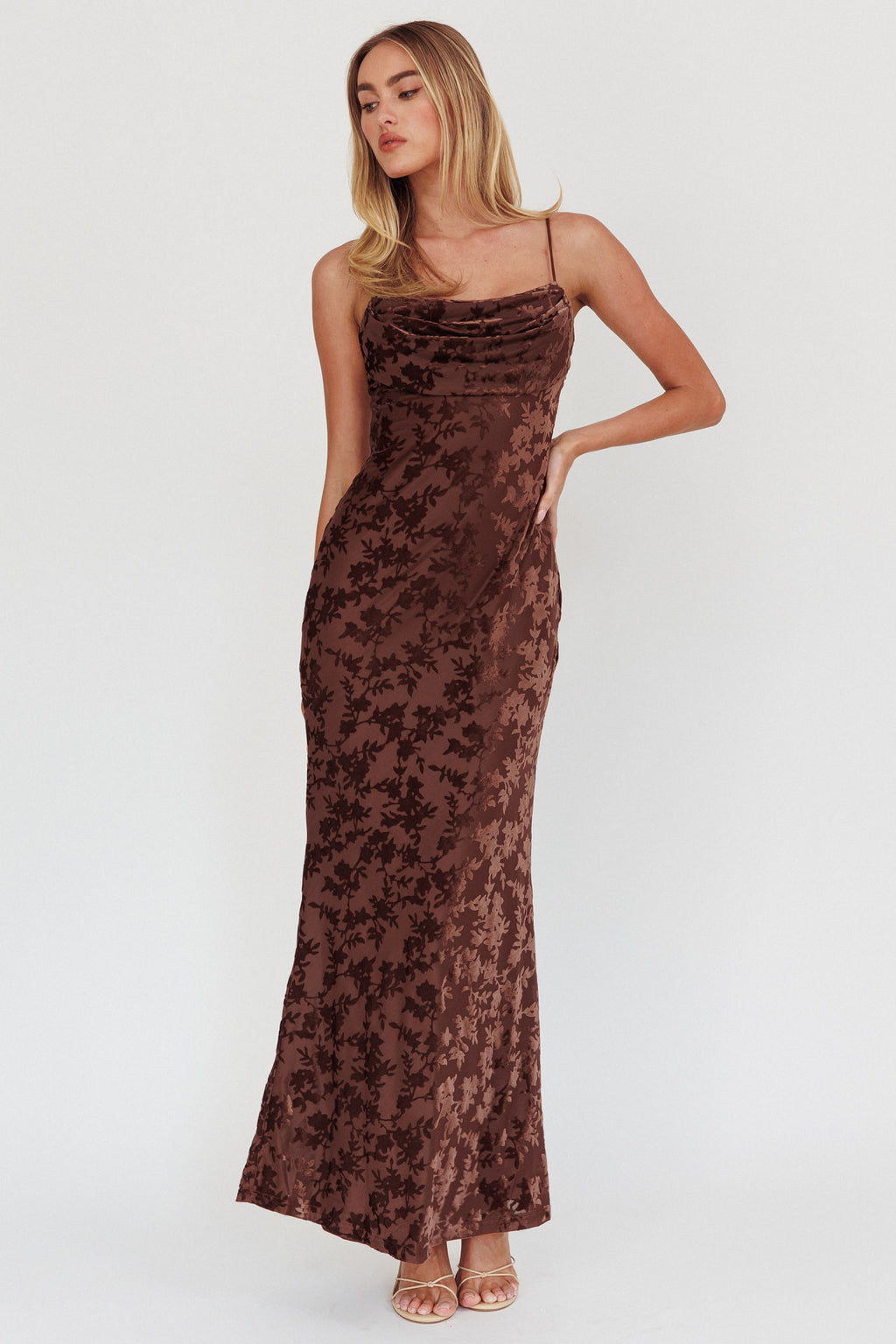 Well Versed Burnout Velvet Maxi Dress Chocolate by Selfie Leslie Australia