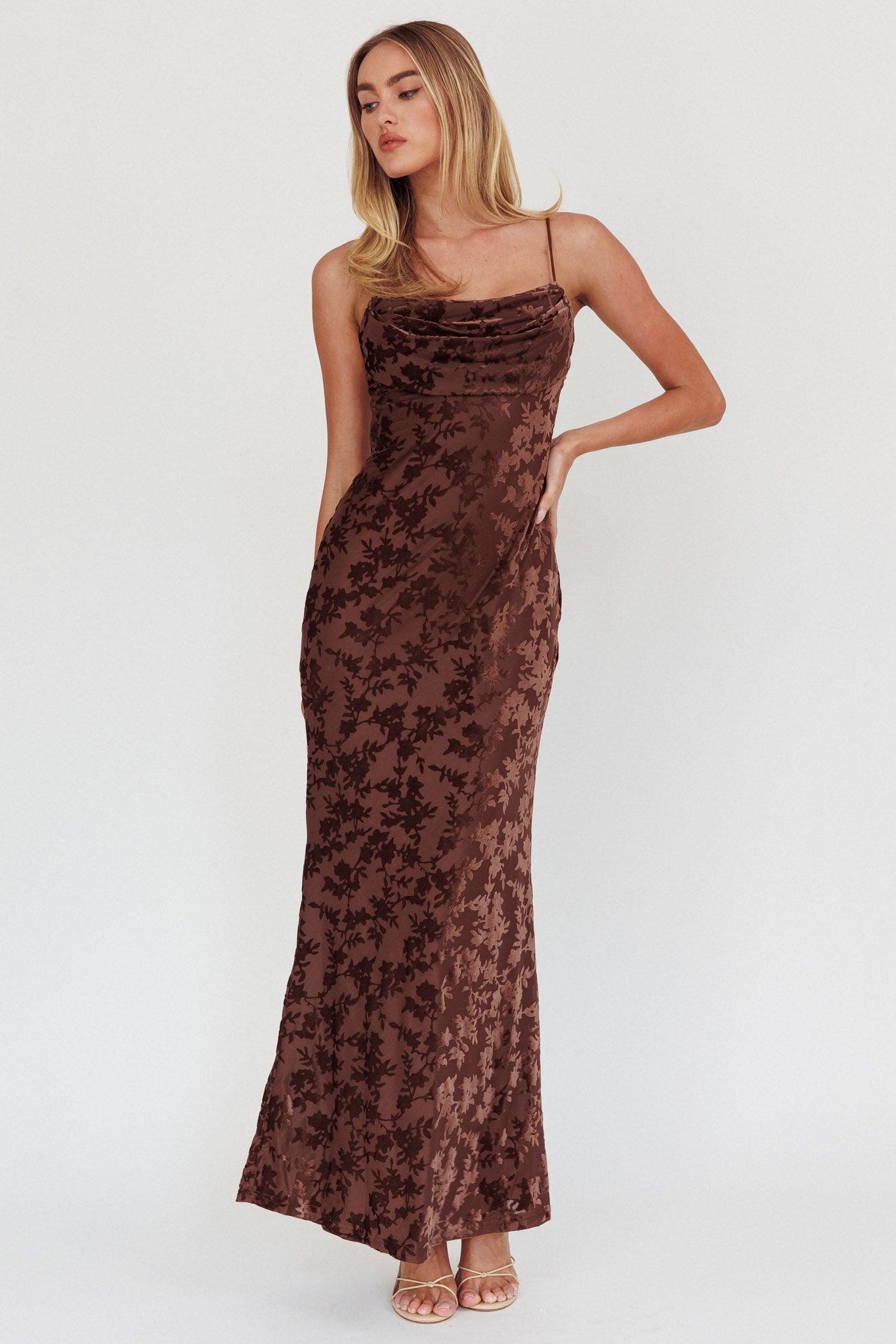 Well Versed Burnout Velvet Maxi Dress Chocolate by Selfie Leslie Australia