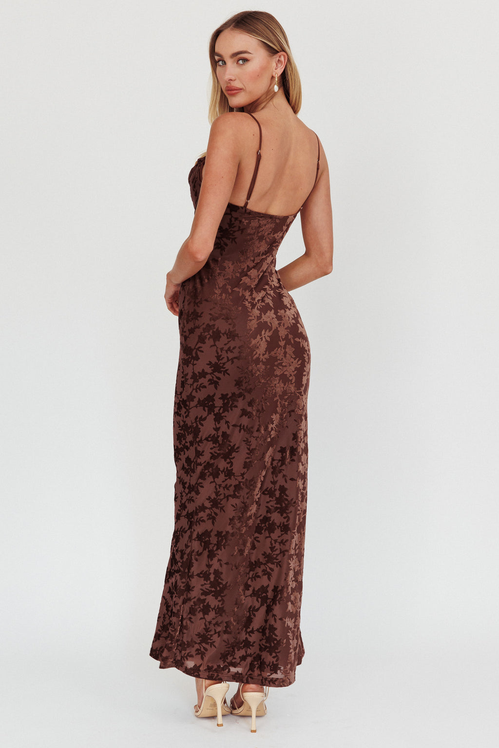 Well Versed Burnout Velvet Maxi Dress Chocolate by Selfie Leslie Australia