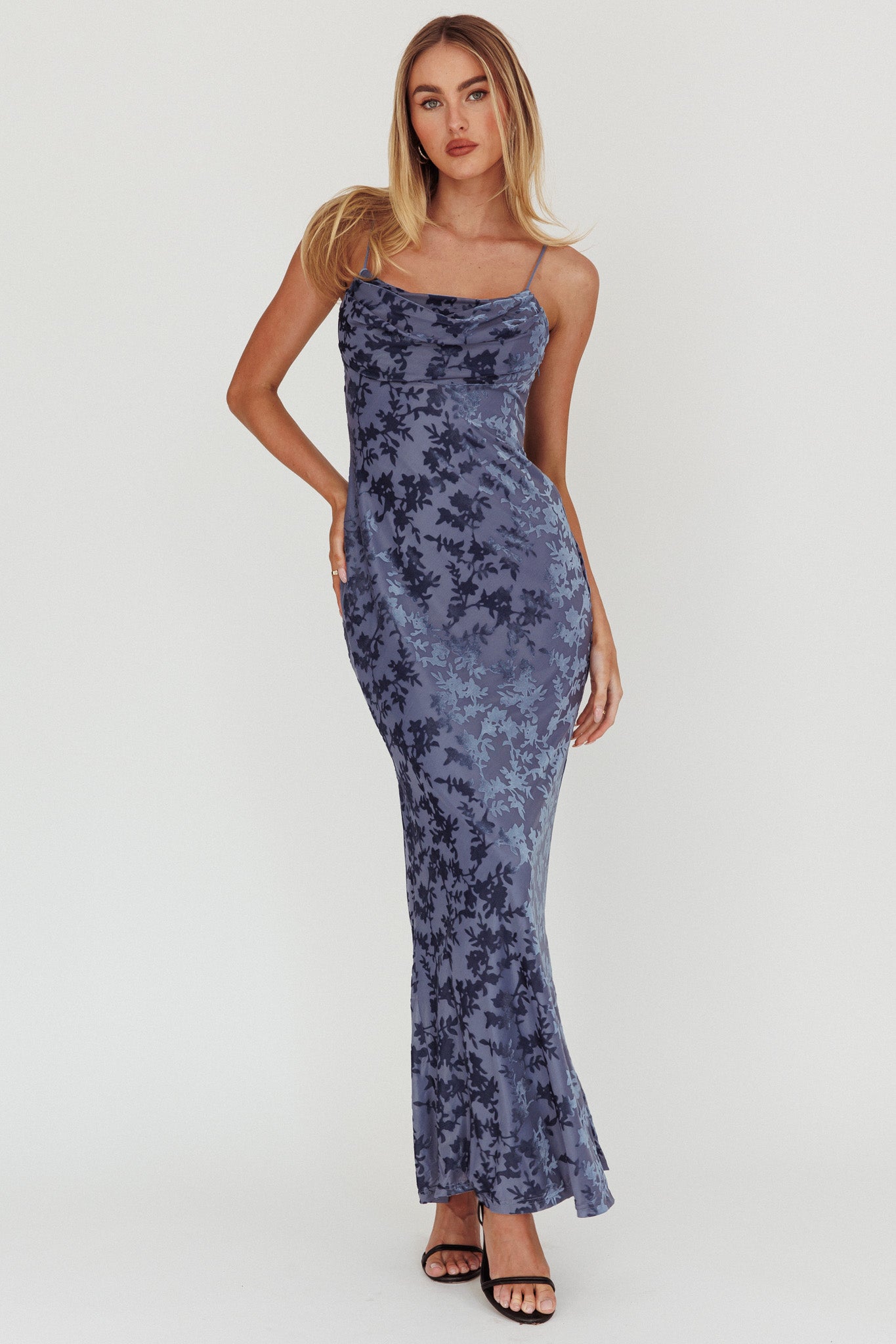Well Versed Burnout Velvet Maxi Dress Slate Blue by Selfie Leslie Australia