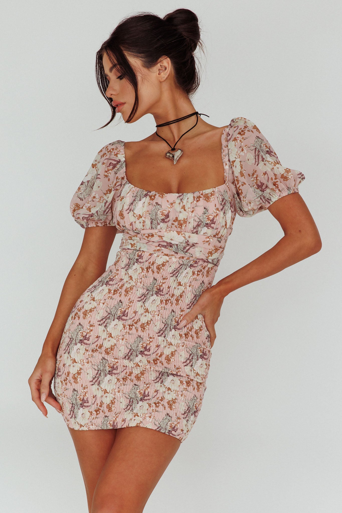 Joie Puff Sleeve Shirred Dress Floral Blush by Selfie Leslie Australia