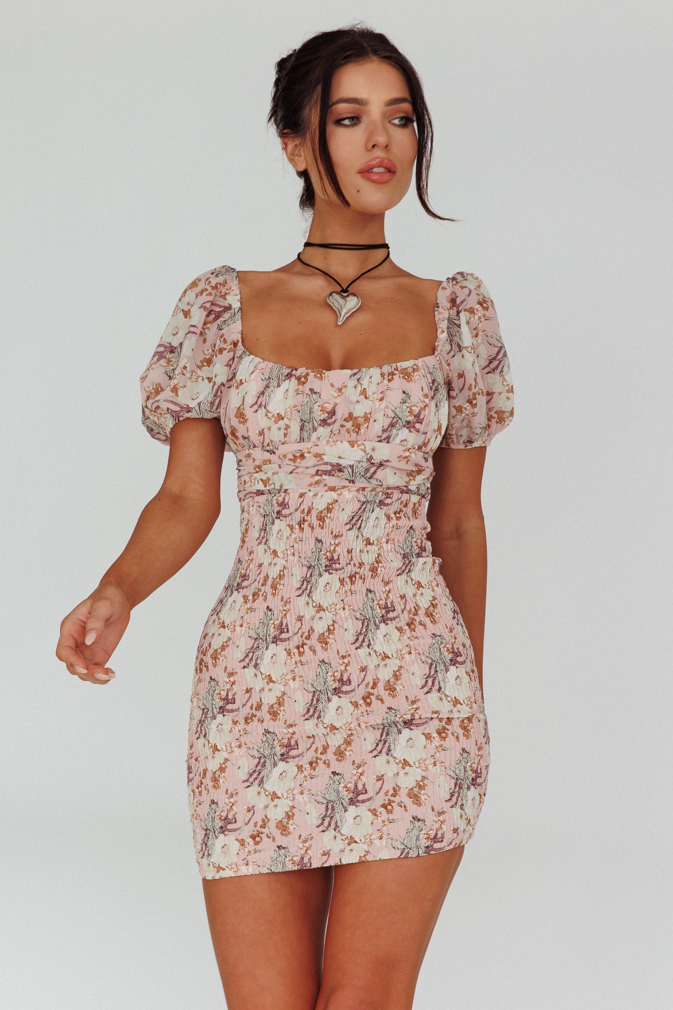 Joie Puff Sleeve Shirred Dress Floral Blush by Selfie Leslie Australia