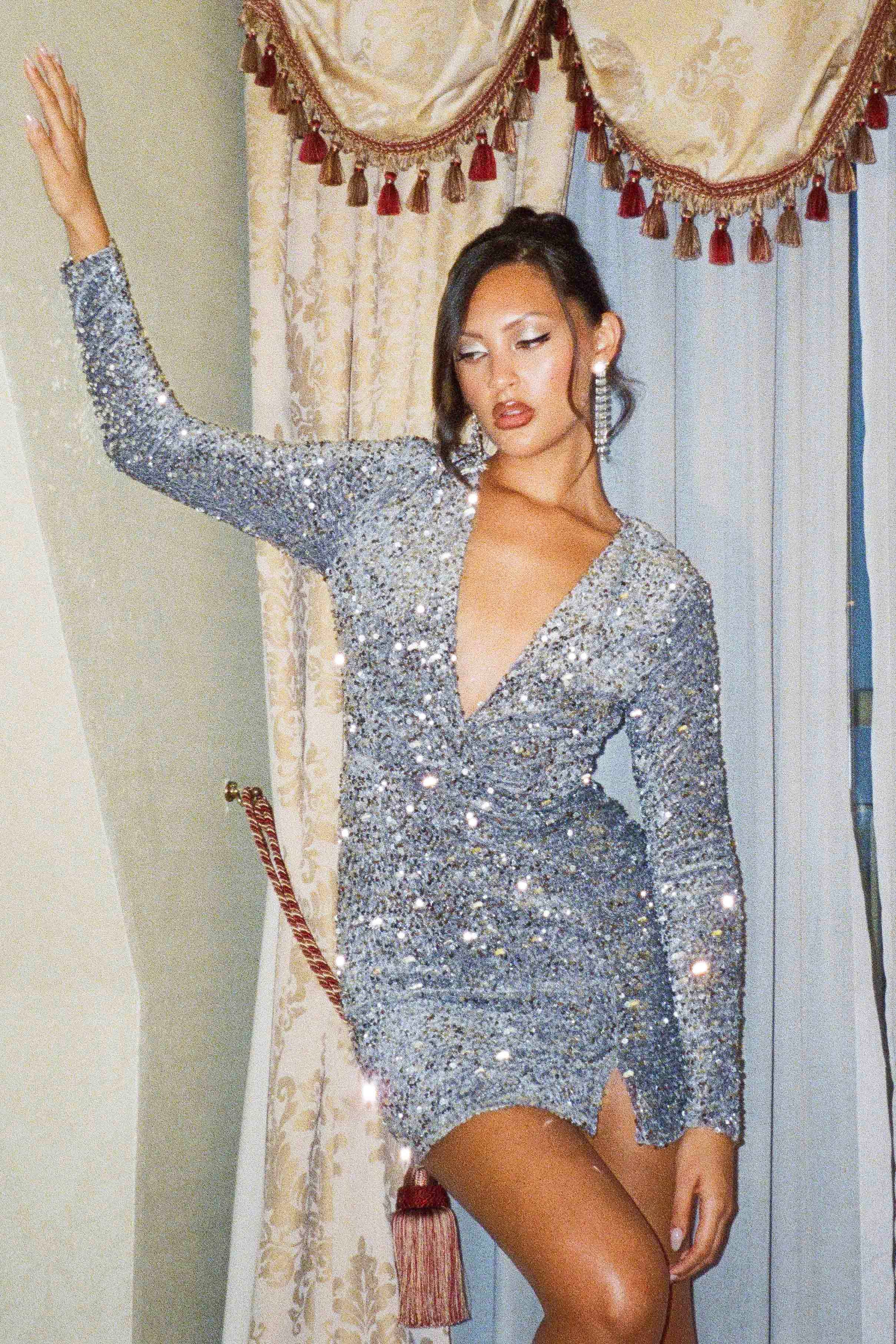 Demure Deep V-Neckline Sequin Dress Silver by Selfie Leslie Australia