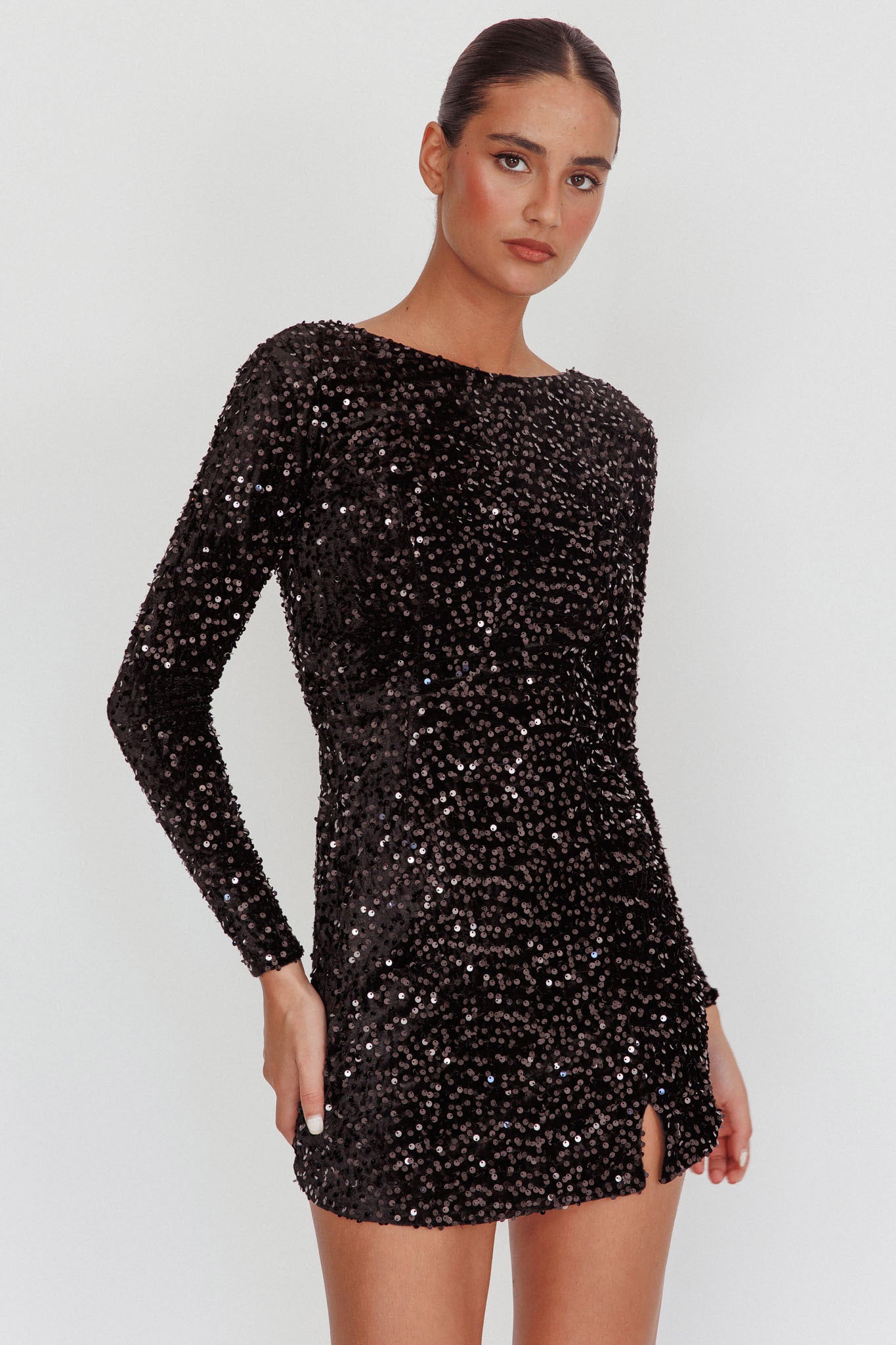 Demure Long Sleeve Open Back Dress Sequin Black by Selfie Leslie Australia