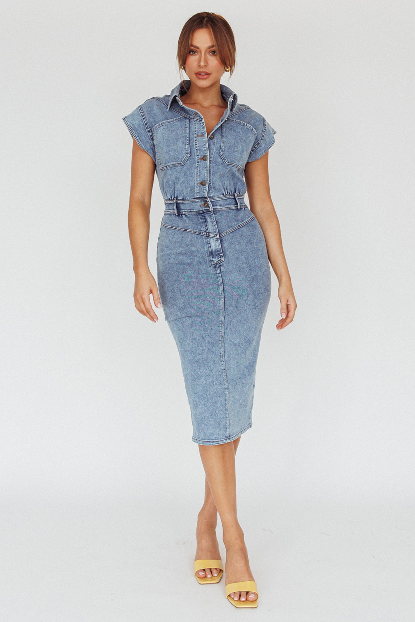 New Day Short Sleeve Button-Up Midi Dress Denim by Selfie Leslie Australia