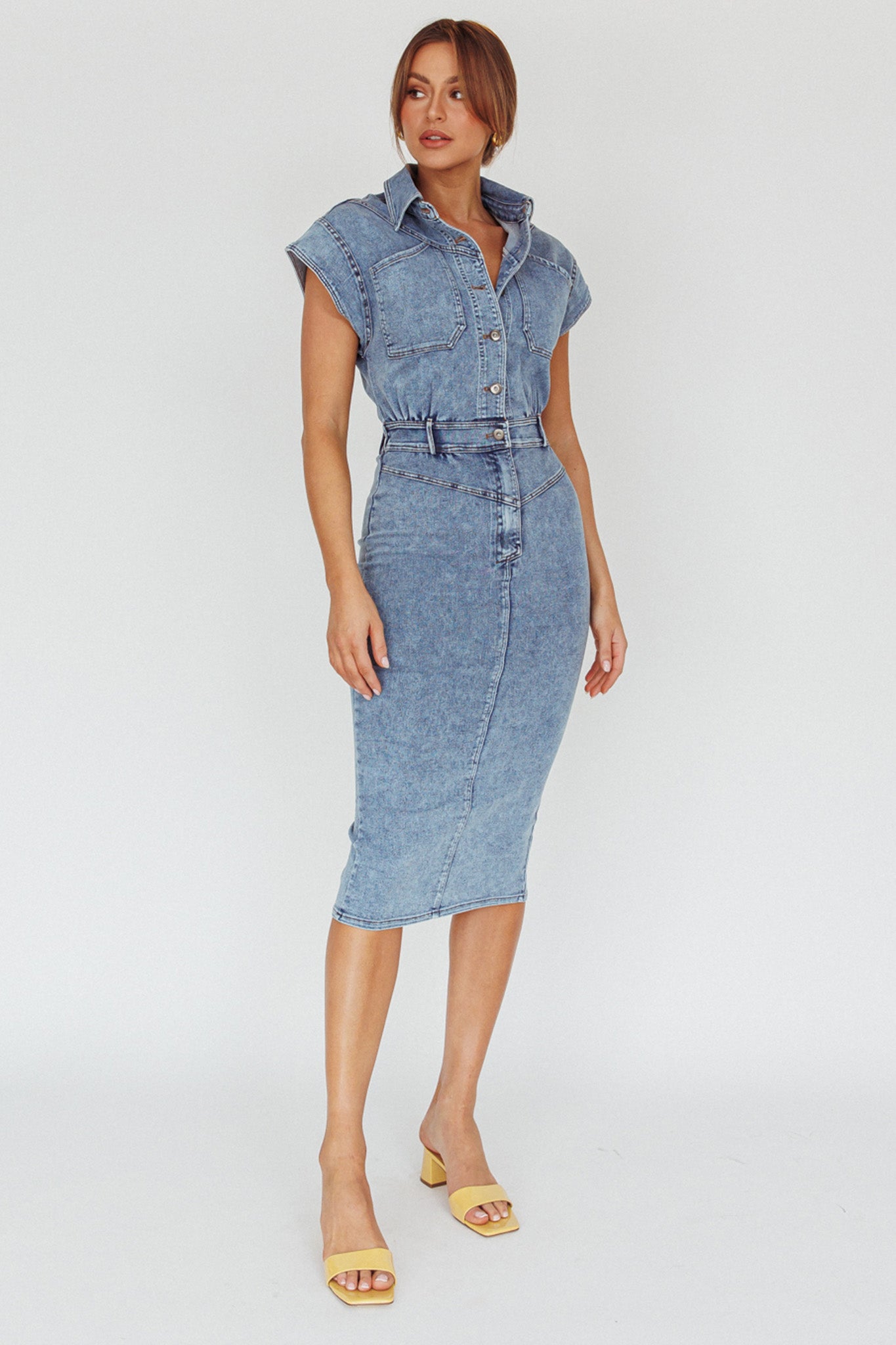 New Day Short Sleeve Button-Up Midi Dress Denim by Selfie Leslie Australia