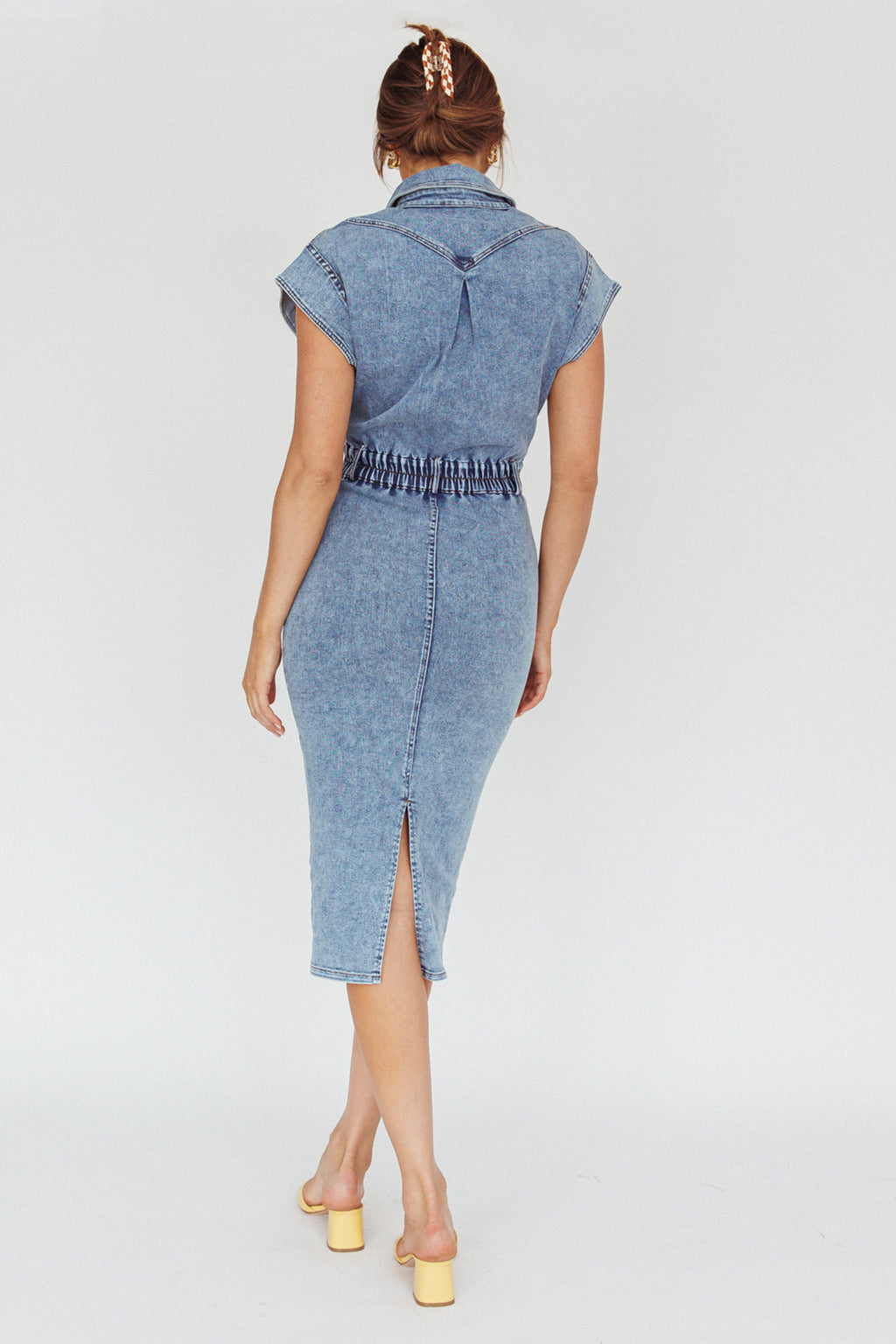 New Day Short Sleeve Button-Up Midi Dress Denim by Selfie Leslie Australia