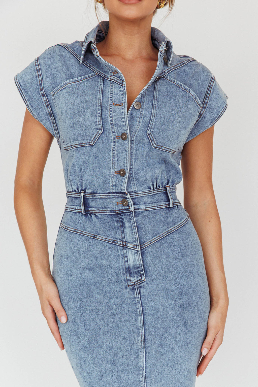 New Day Short Sleeve Button-Up Midi Dress Denim by Selfie Leslie Australia