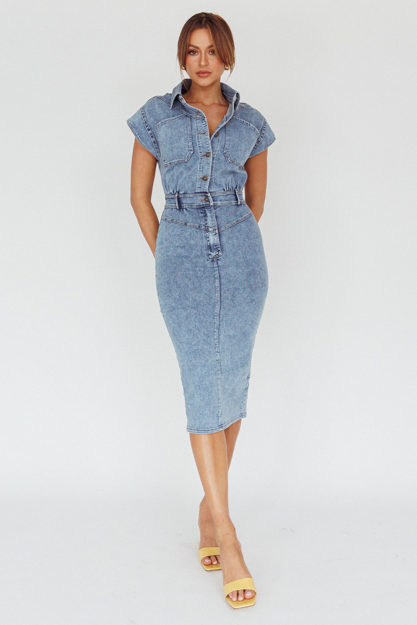 Denim Short Sleeve Dress Australia Shop The New Day Short Sleeve Button-Up Midi  Dress Denim