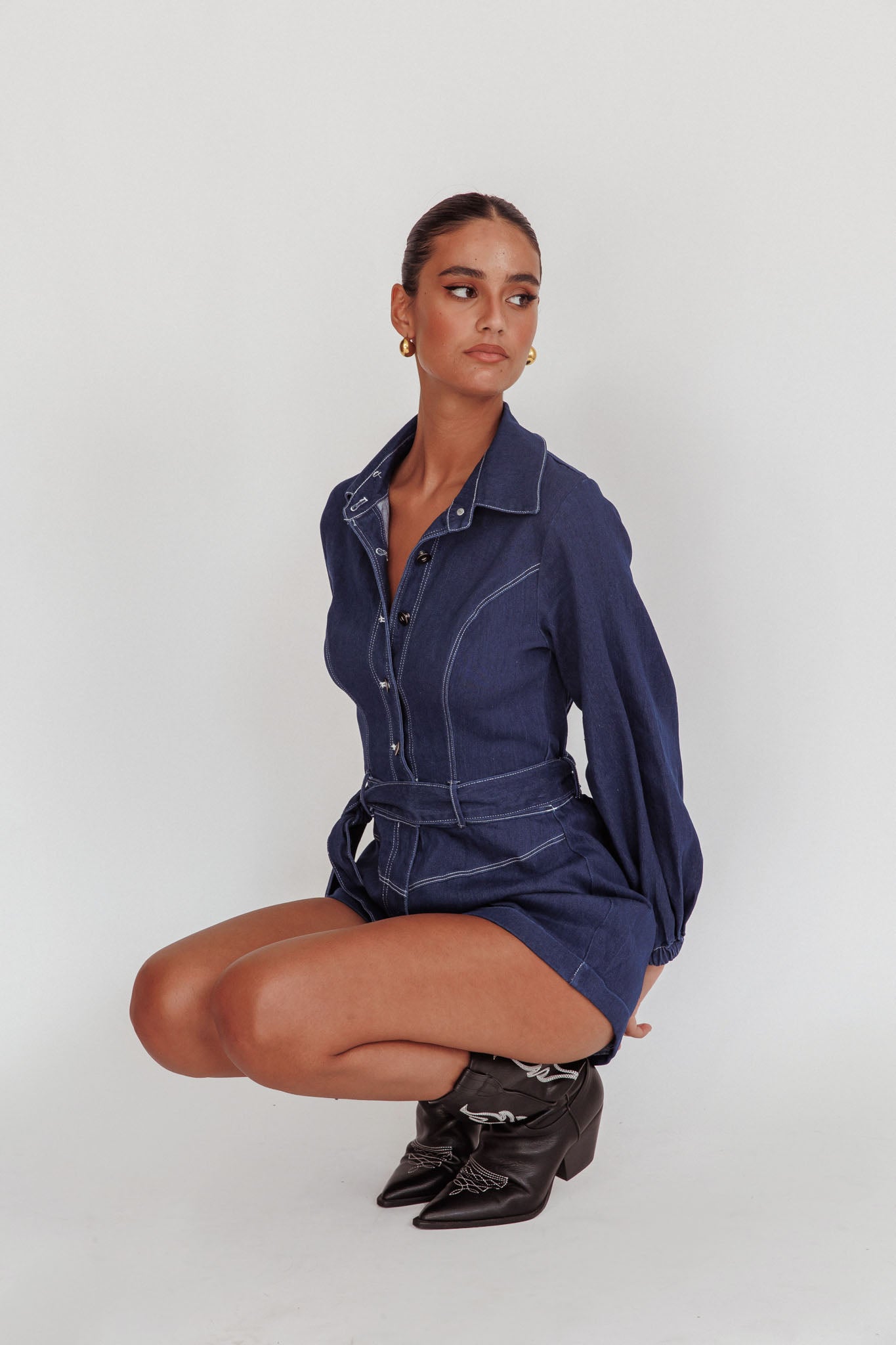 New Day Long Sleeve Button-Up Romper Indigo by Selfie Leslie Australia