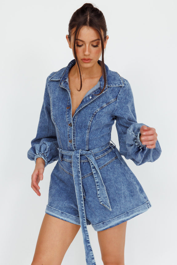 New Day Long Sleeve Button-Up Romper Denim by Selfie Leslie Australia