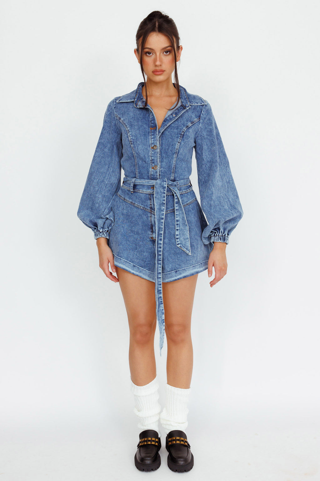 New Day Long Sleeve Button-Up Romper Denim by Selfie Leslie Australia