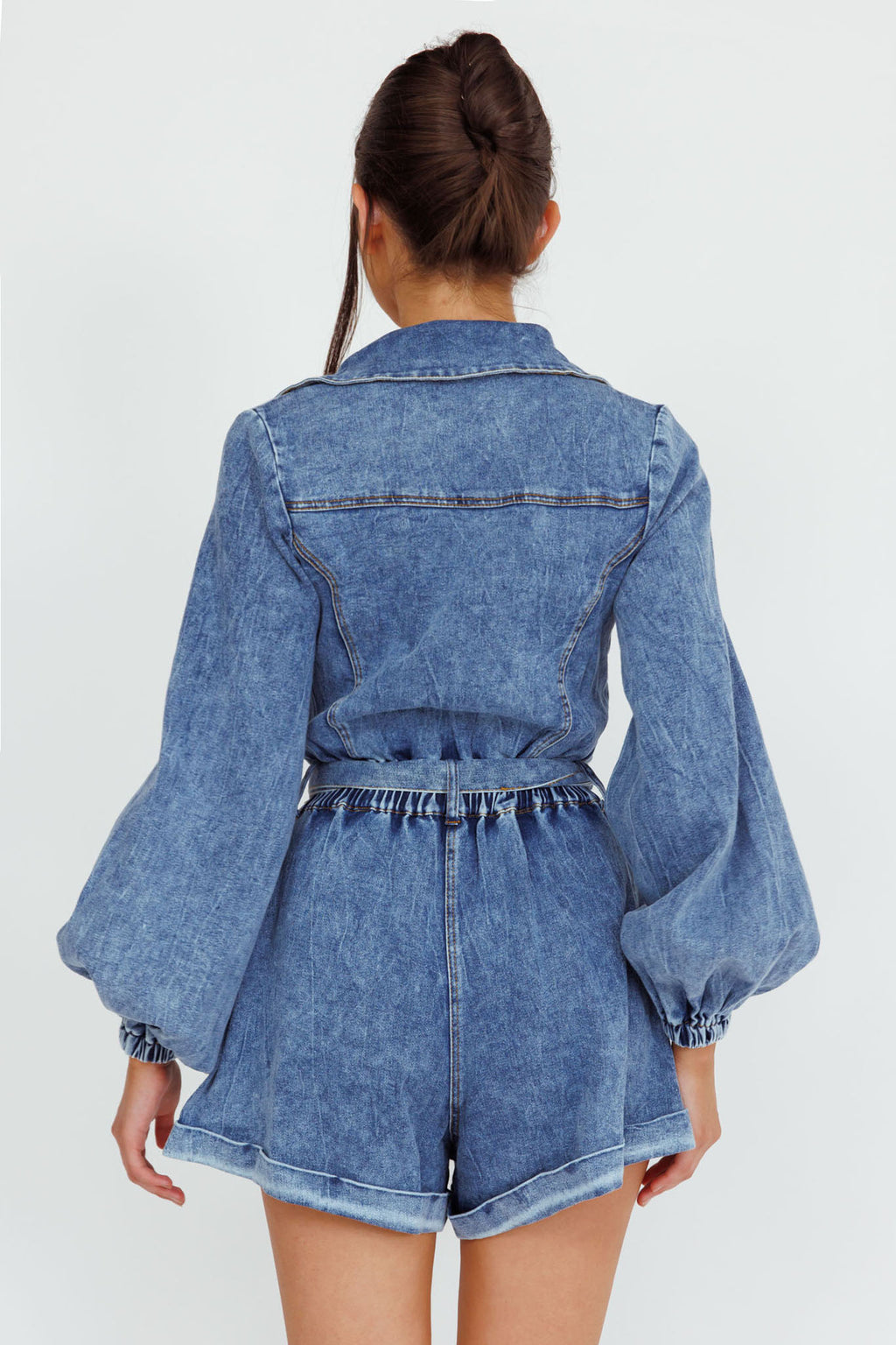 New Day Long Sleeve Button-Up Romper Denim by Selfie Leslie Australia