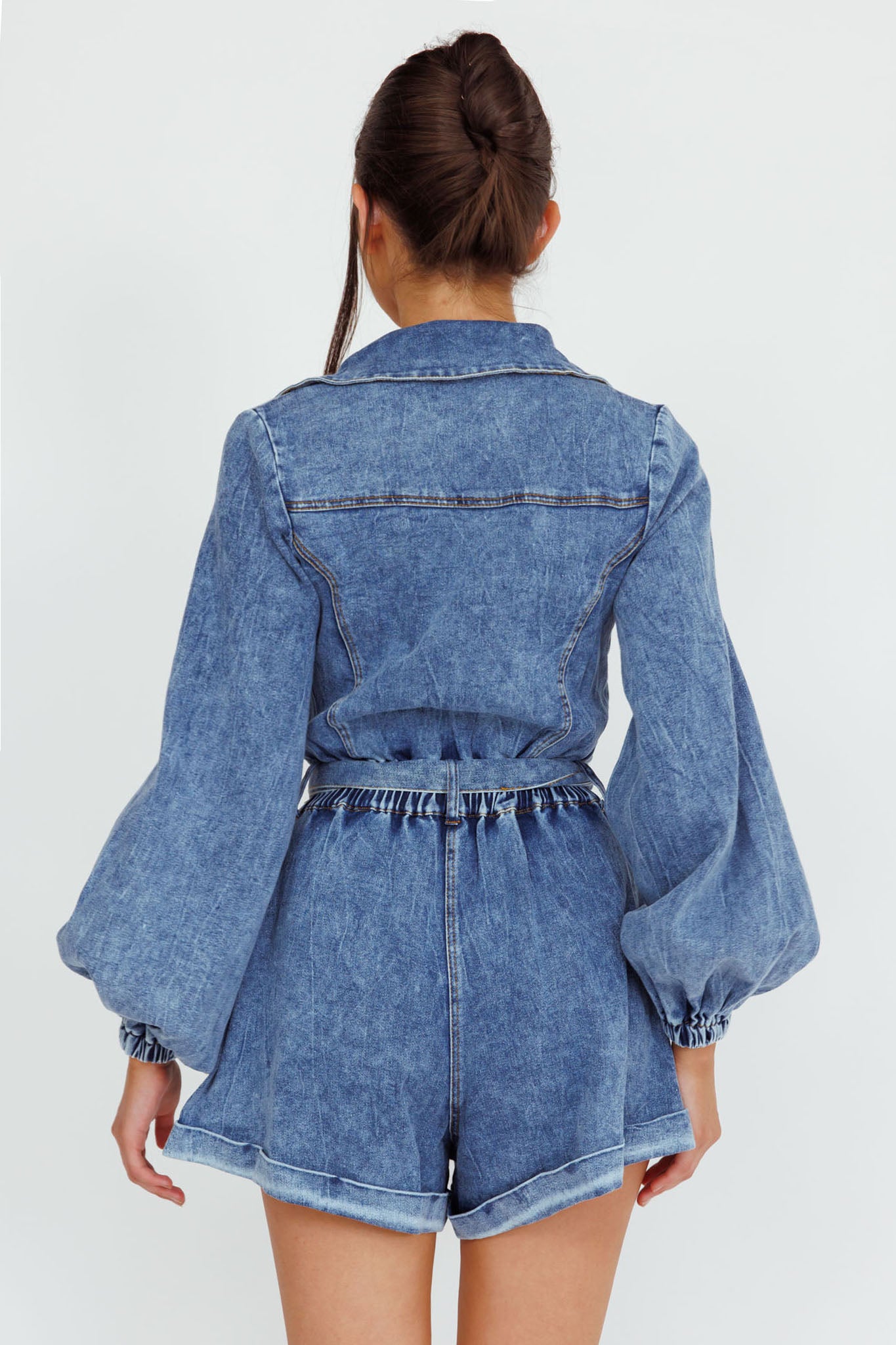 New Day Long Sleeve Button-Up Romper Denim by Selfie Leslie Australia