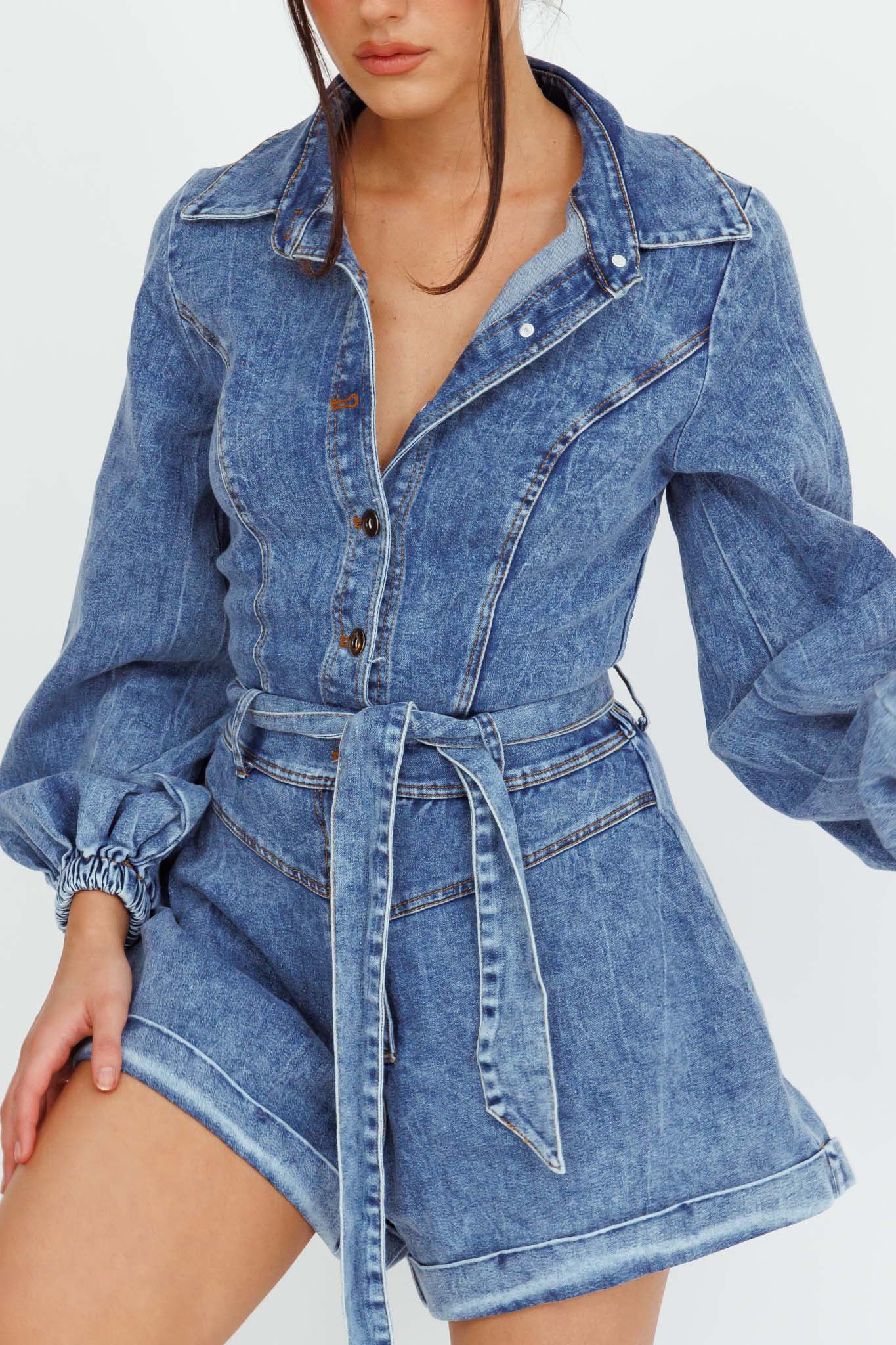 New Day Long Sleeve Button-Up Romper Denim by Selfie Leslie Australia