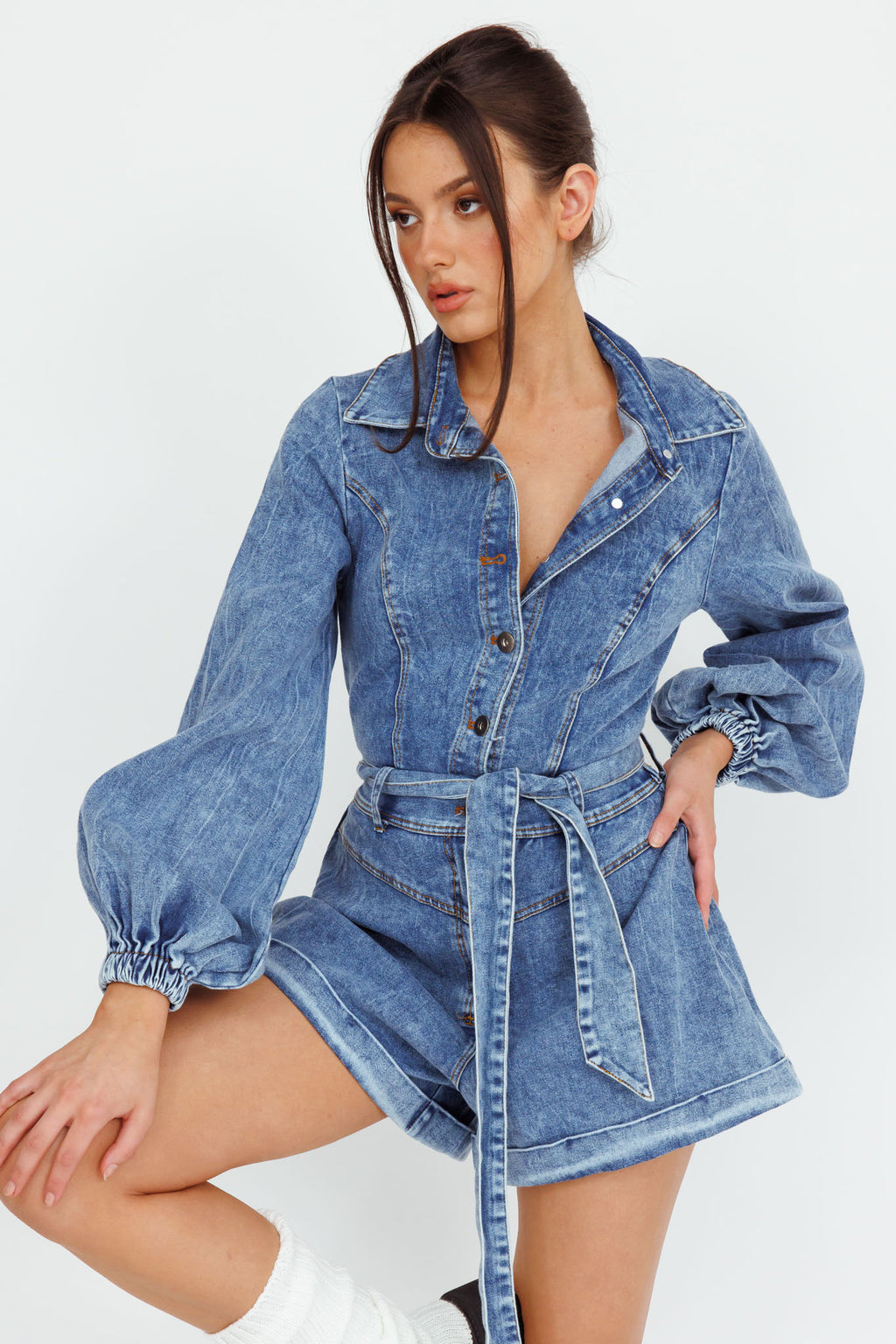 New Day Long Sleeve Button-Up Romper Denim by Selfie Leslie Australia
