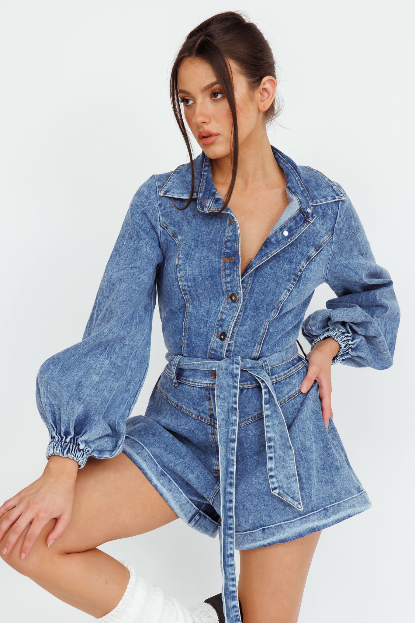 New Day Long Sleeve Button-Up Romper Denim by Selfie Leslie Australia