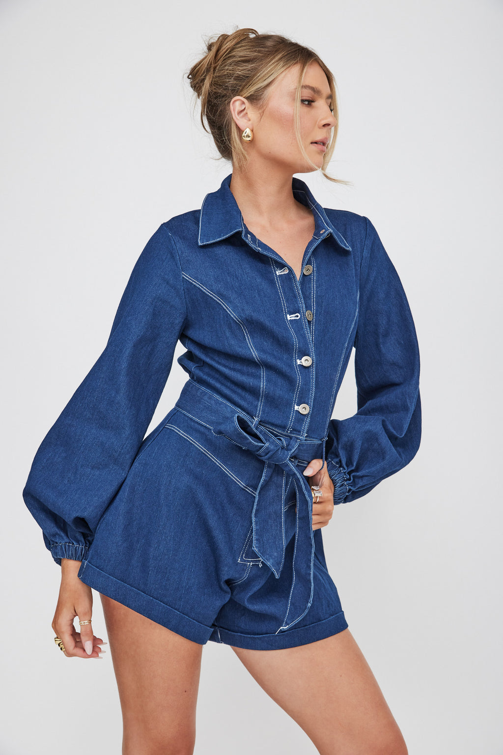 New Day Long Sleeve Button-Up Romper Indigo by Selfie Leslie Australia