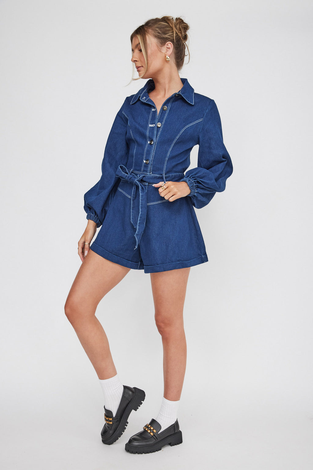 New Day Long Sleeve Button-Up Romper Indigo by Selfie Leslie Australia