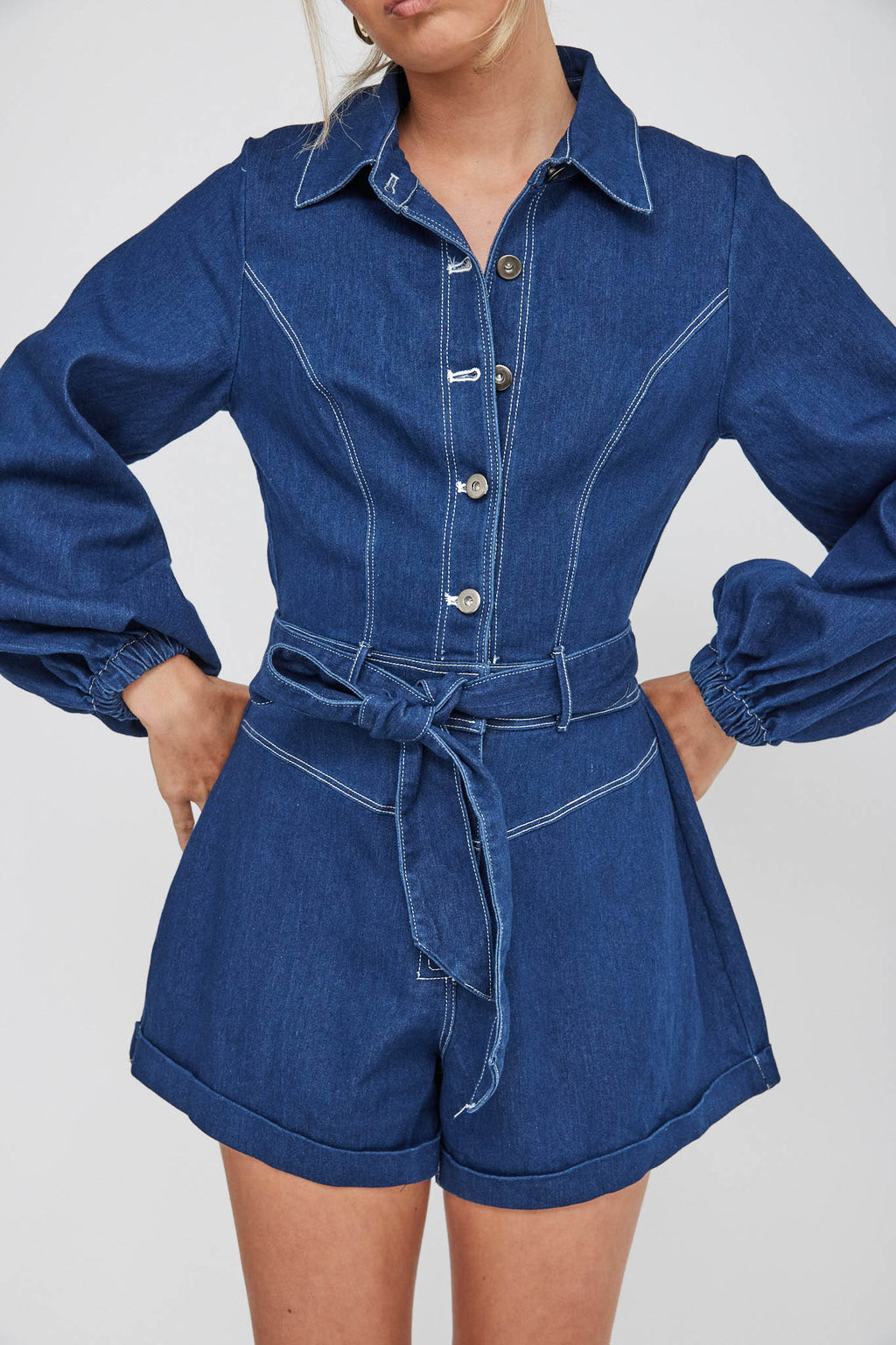 New Day Long Sleeve Button-Up Romper Indigo by Selfie Leslie Australia