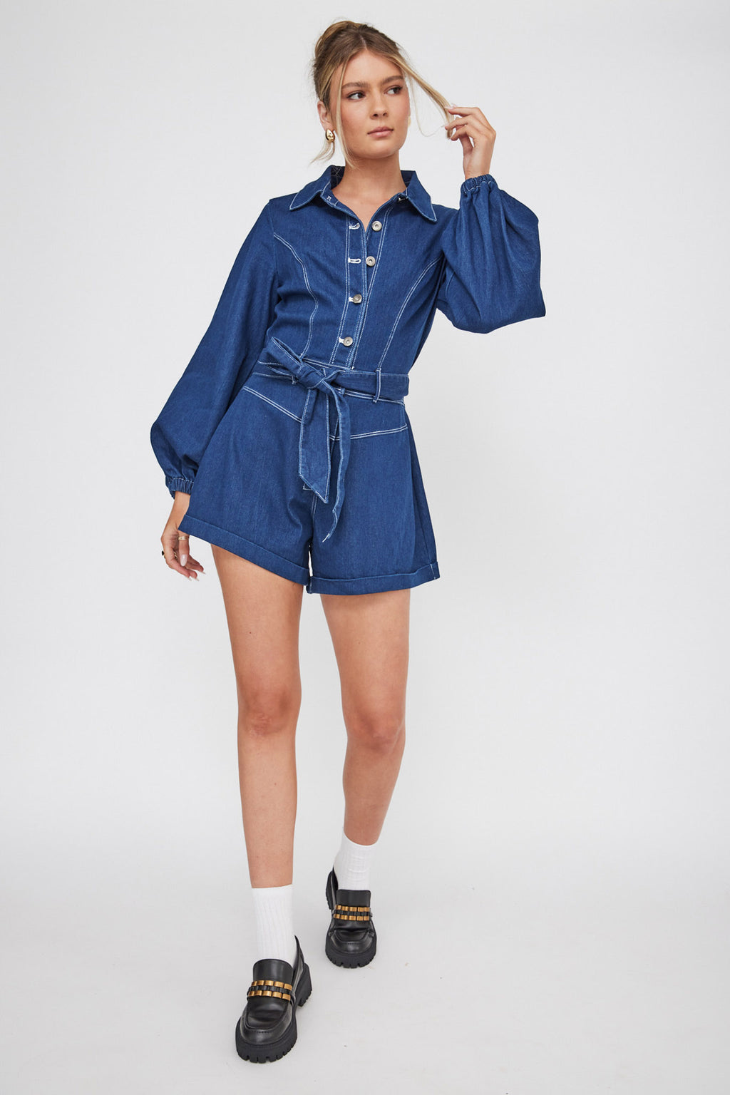 New Day Long Sleeve Button-Up Romper Indigo by Selfie Leslie Australia