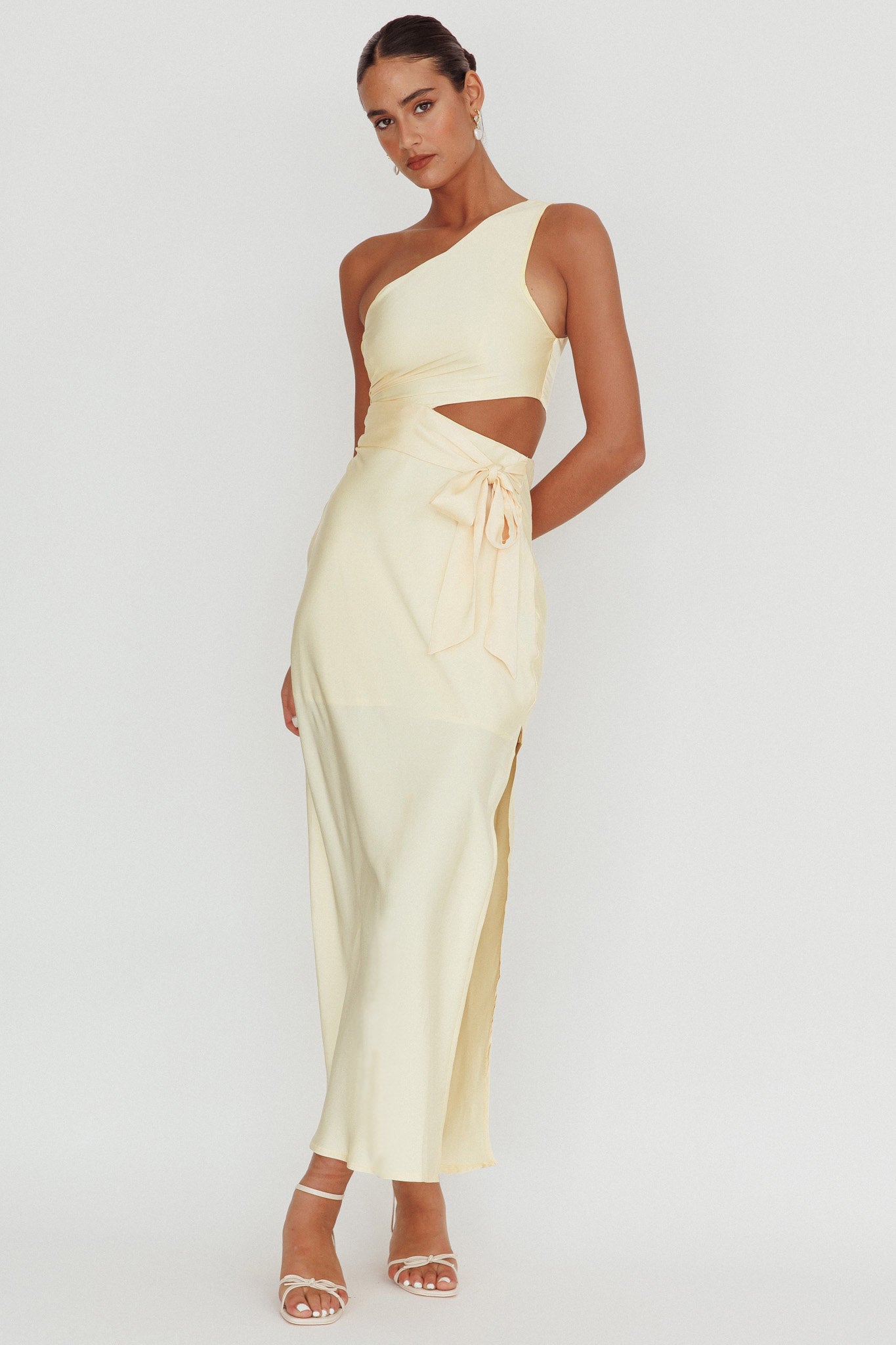 Abloom One Shoulder Satin Maxi Dress Butter by Selfie Leslie Australia