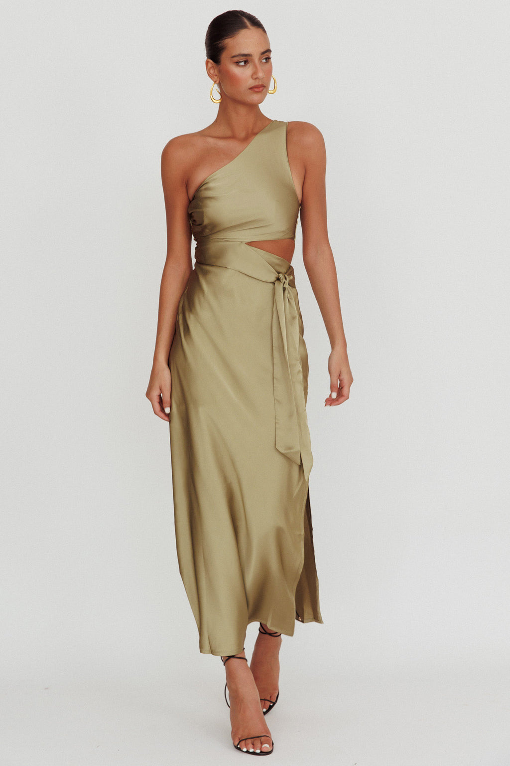 Abloom One Shoulder Satin Maxi Dress Khaki by Selfie Leslie Australia