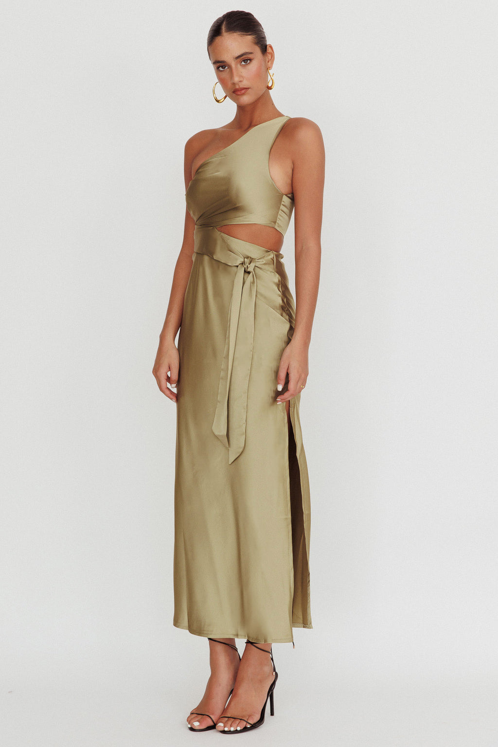 Abloom One Shoulder Satin Maxi Dress Khaki by Selfie Leslie Australia