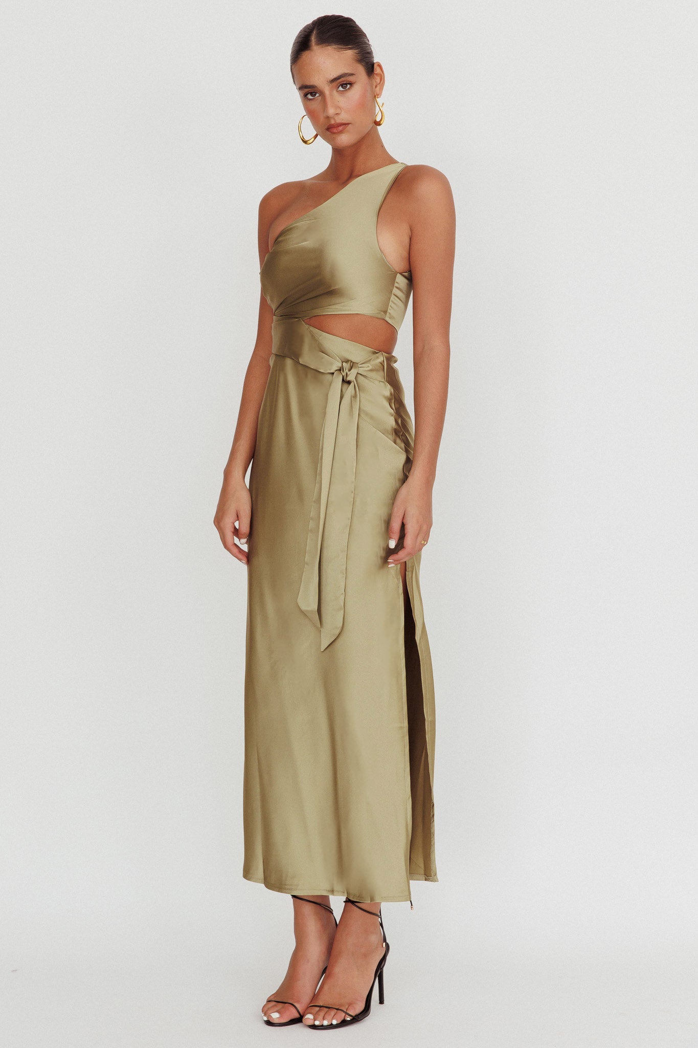 Abloom One Shoulder Satin Maxi Dress Khaki by Selfie Leslie Australia