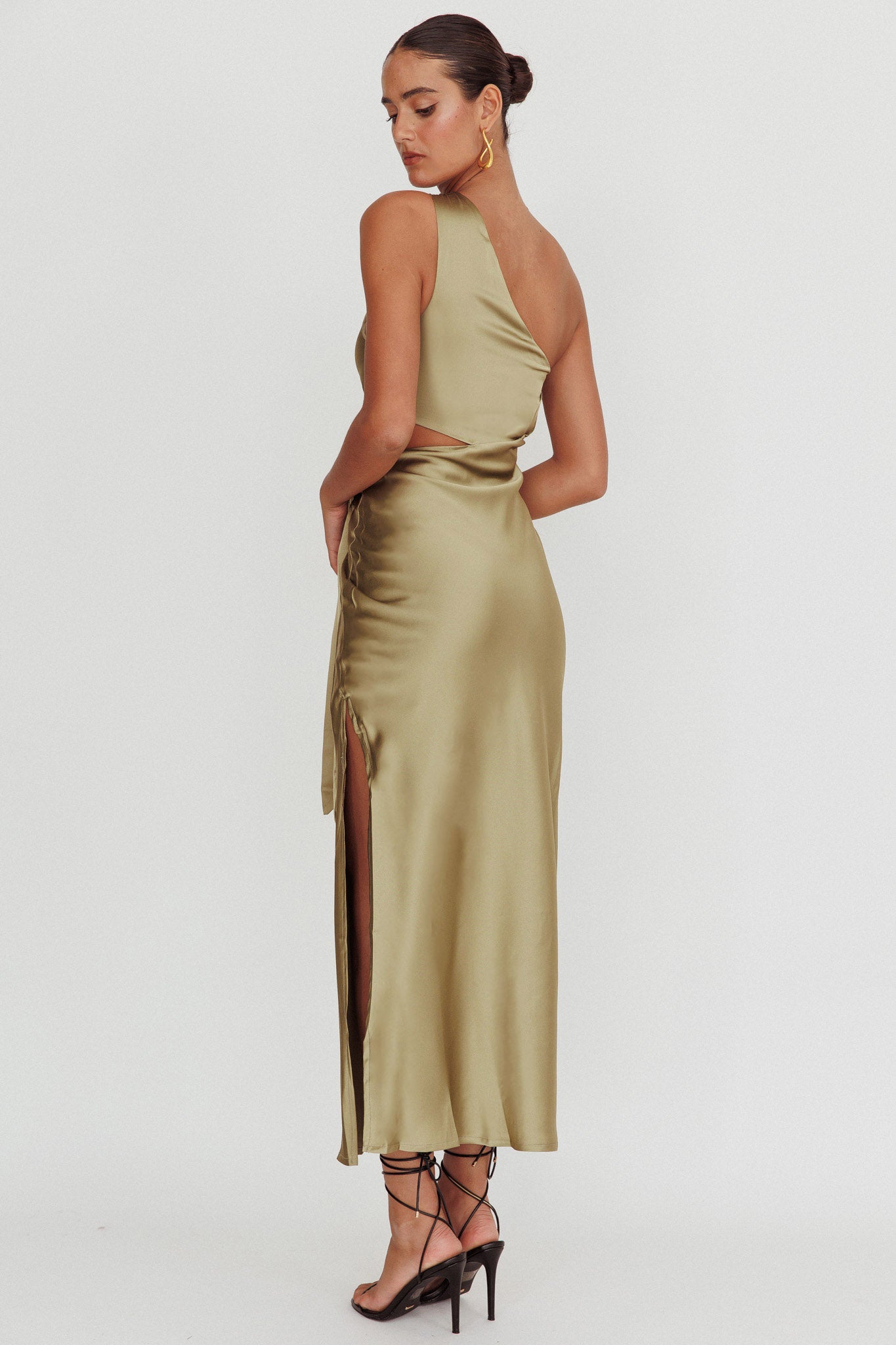 Abloom One Shoulder Satin Maxi Dress Khaki by Selfie Leslie Australia
