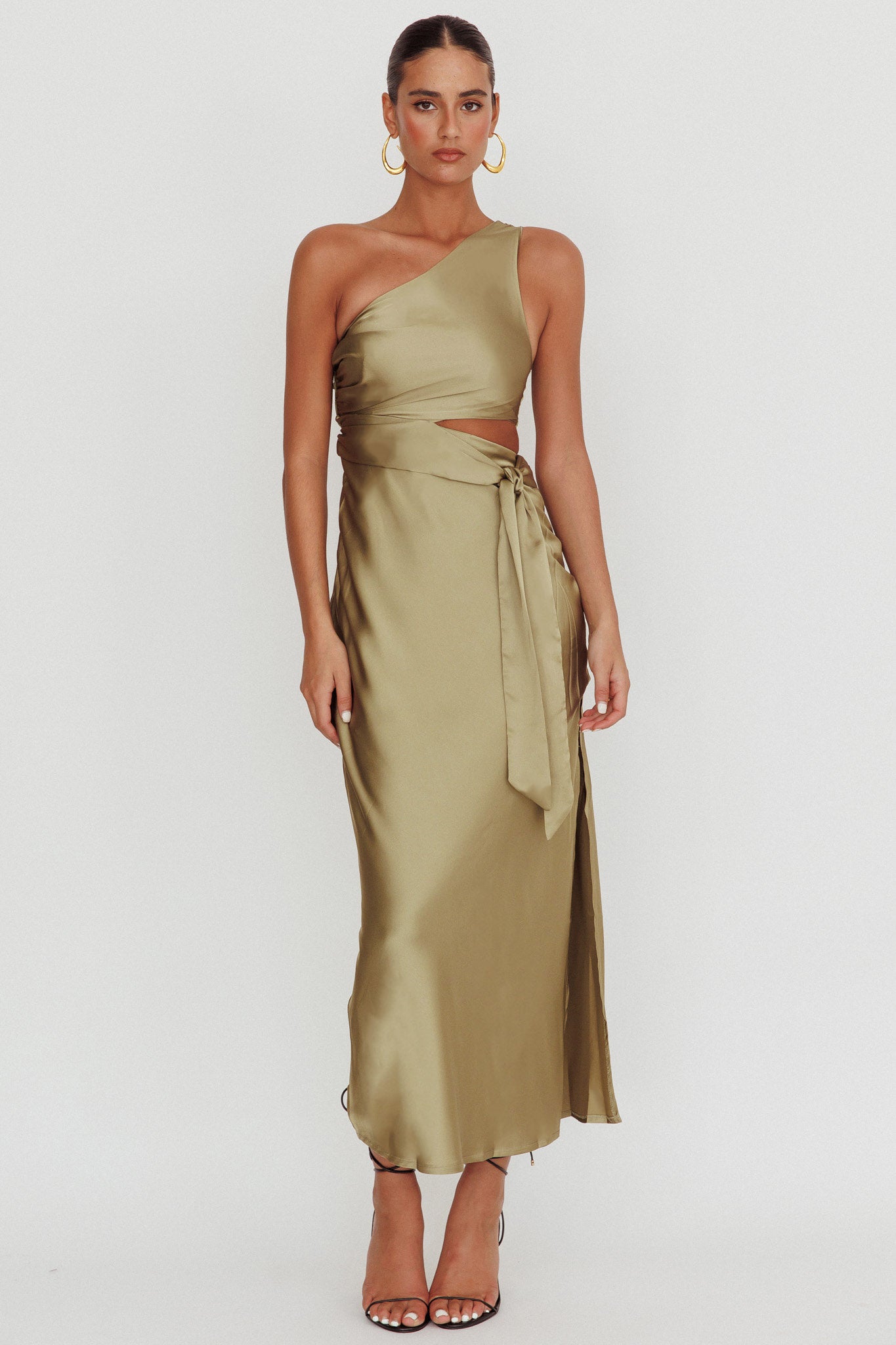 Abloom One Shoulder Satin Maxi Dress Khaki by Selfie Leslie Australia