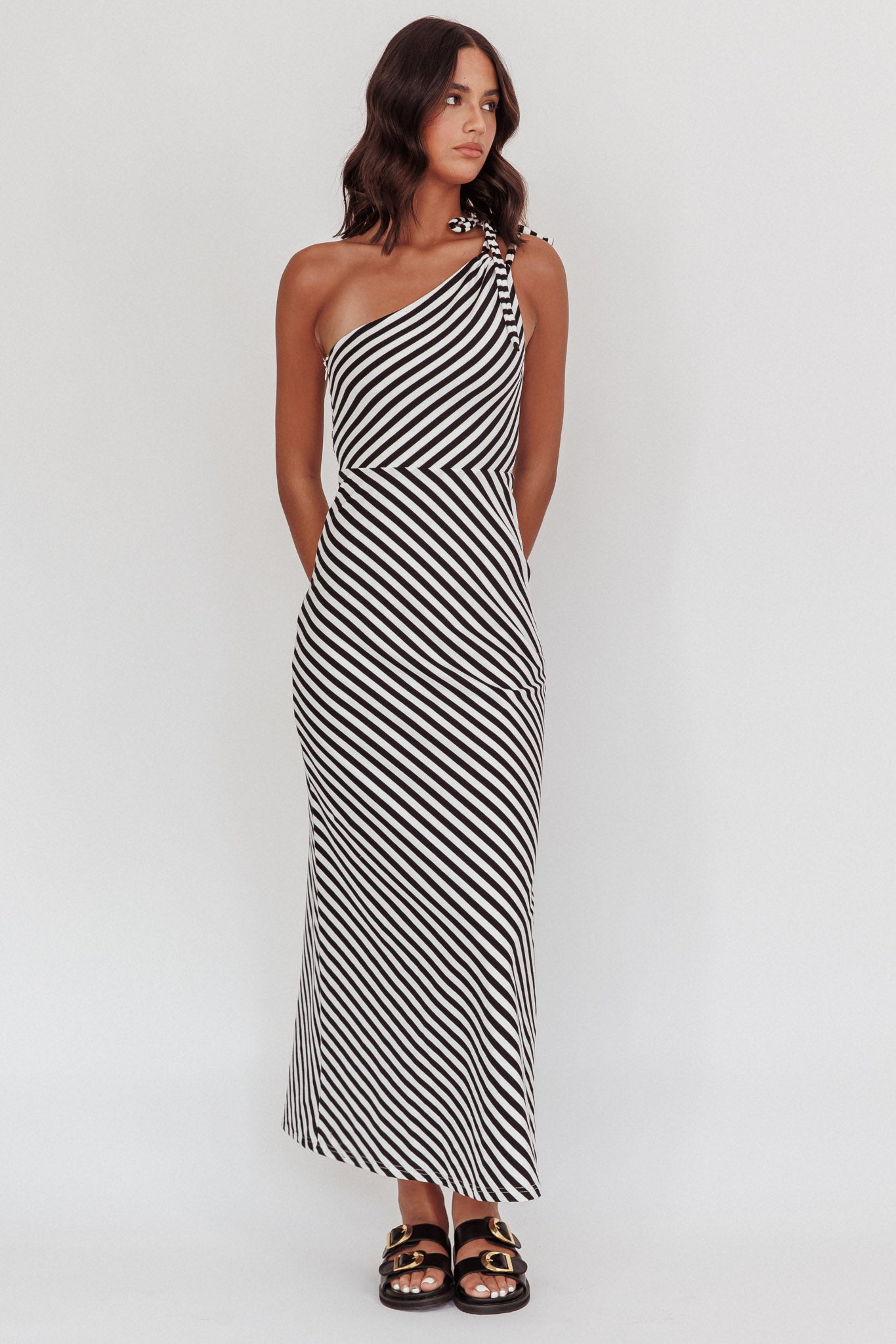 Ocean Road Tied One-Shoulder Maxi Dress Stripe Black by Selfie Leslie Australia