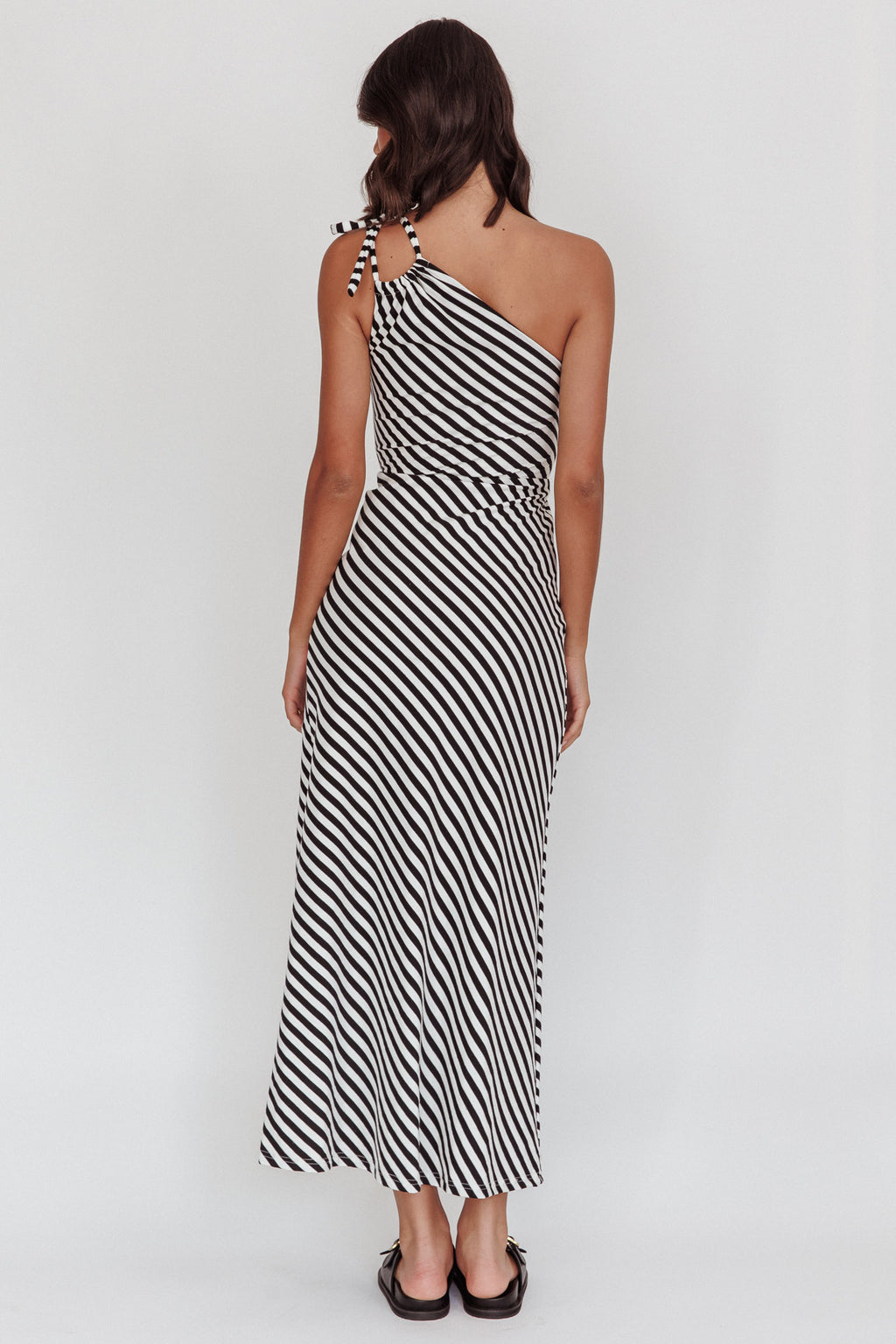 Ocean Road Tied One-Shoulder Maxi Dress Stripe Black by Selfie Leslie Australia