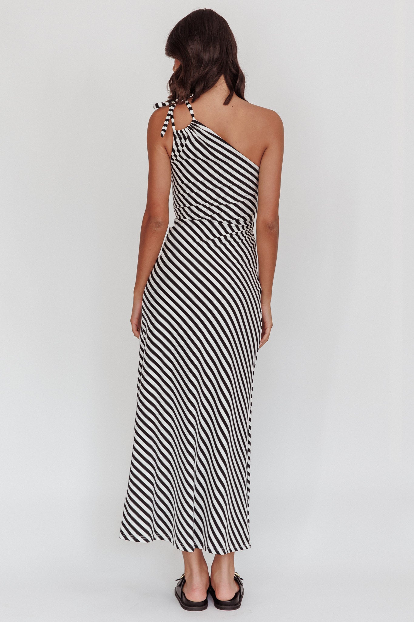 Ocean Road Tied One-Shoulder Maxi Dress Stripe Black by Selfie Leslie Australia