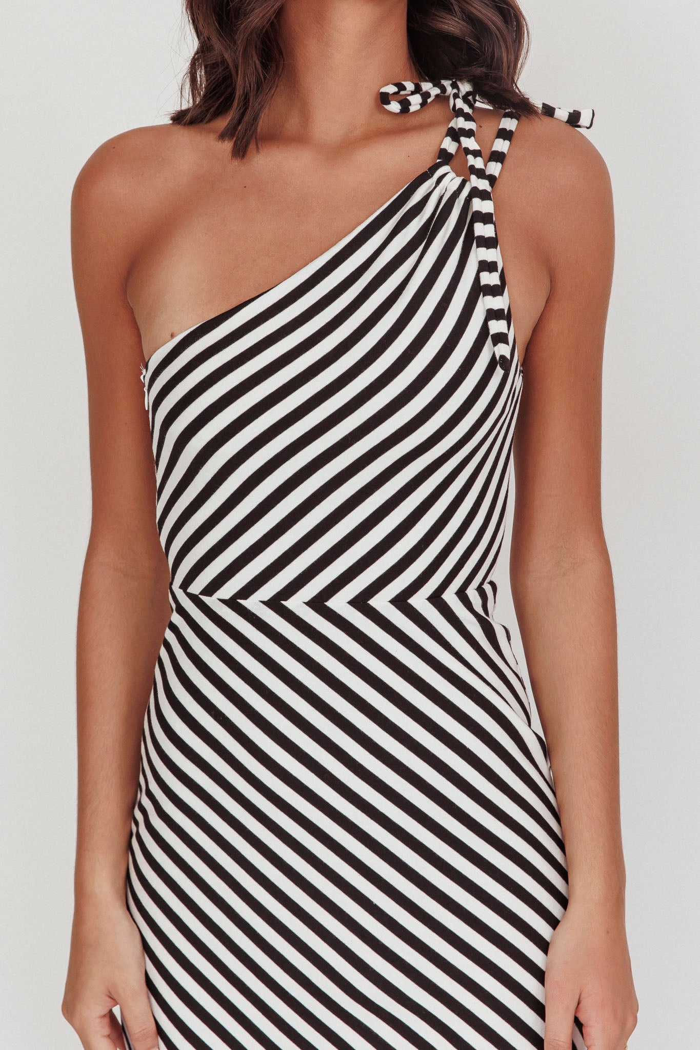 Ocean Road Tied One-Shoulder Maxi Dress Stripe Black by Selfie Leslie Australia